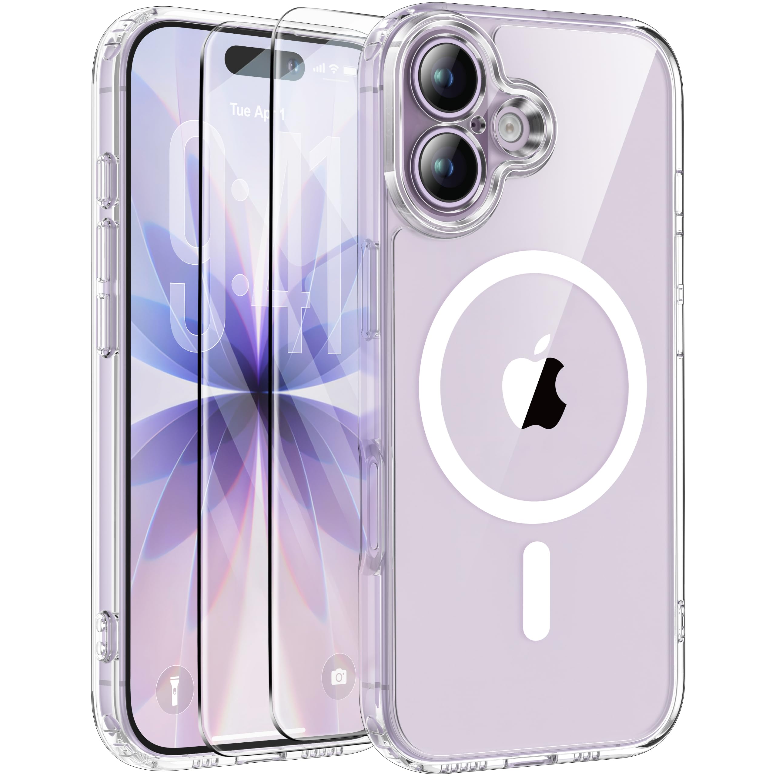 ORETECH Magnetica Cover per iPhone 17 6,3 Pollici con 2 Vetro Temperato, Compatibile con MagSafe, Protezione Completa Della Fotocamera, Anti-Graffio Antiurto Ultra Sottile Hard PC Cover-Trasparente