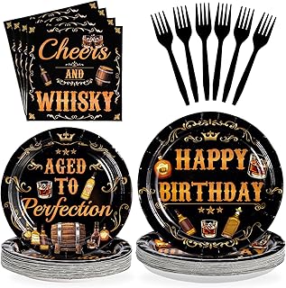Grencian 96Pcs Whiskey Birthday Party Decorations for Men Aged to Perfection Party Supplies Plates Disposable Heavy Duty Whiskey Birthday Tableware Set for Beer Theme Parties Supplies Serves 24