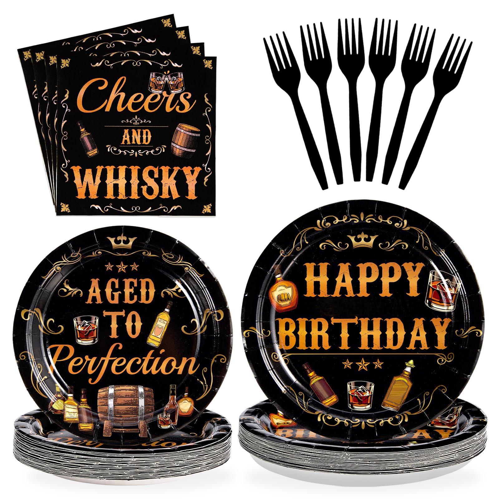 Grencian 96Pcs Whiskey Birthday Party Decorations for Men Aged to Perfection Party Supplies Plates Disposable Heavy Duty Whiskey Birthday Tableware