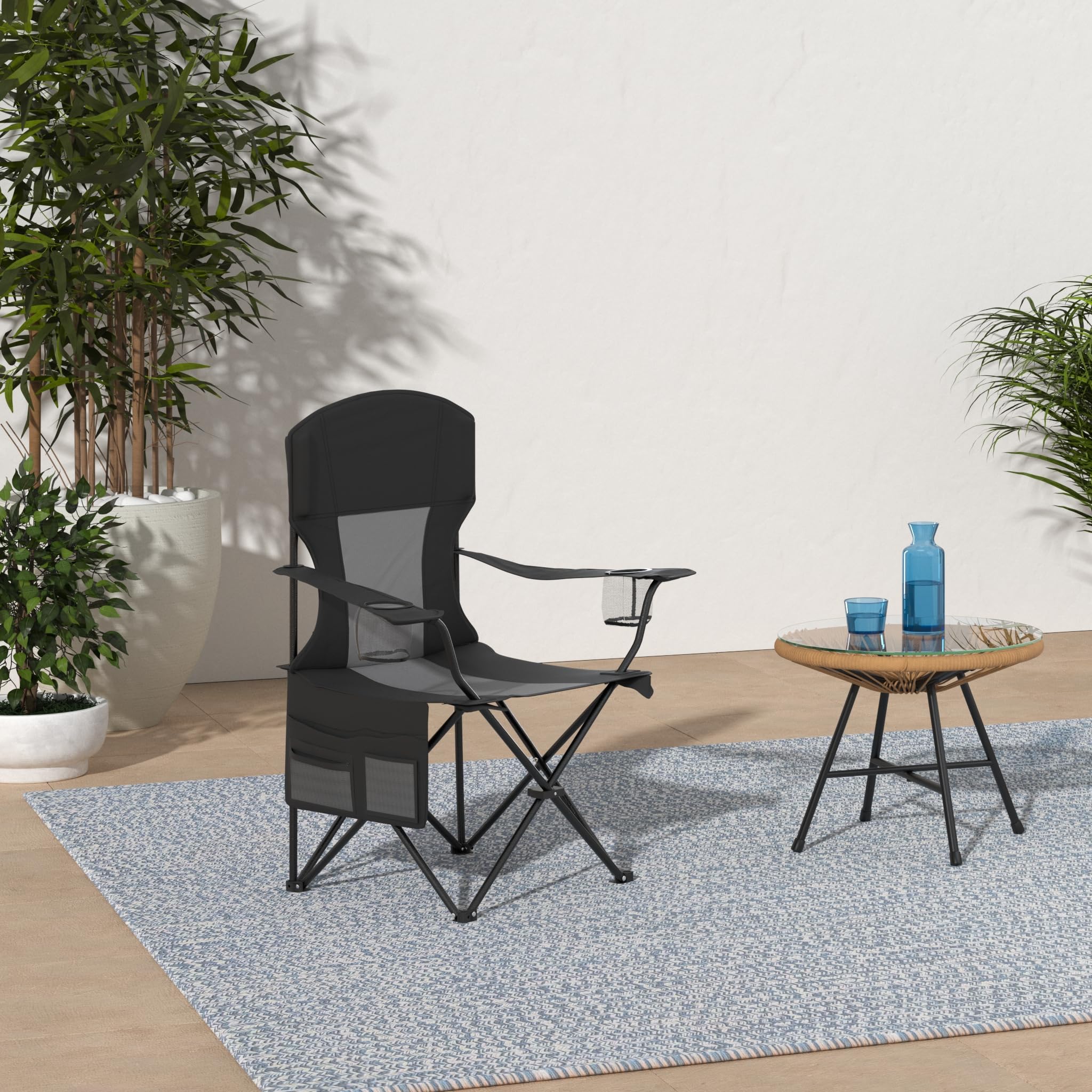 AsterOutdoor Camping Folding Chair Padded Quad Arm Chair with Large Cup Holders, Side Organizer & Back Pocket for Outdoor, Camp, Indoor, Patio, Fishing, Supports 350lbs , Black and Gray