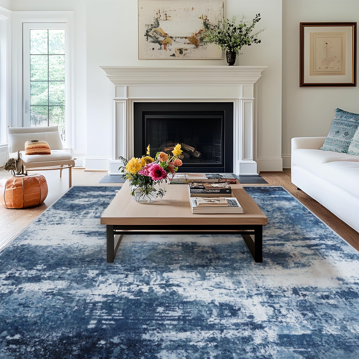 Tapis 200 x 300 cm bleu marine lavable MAST DOO pour intérieur de maison et bureau moderne