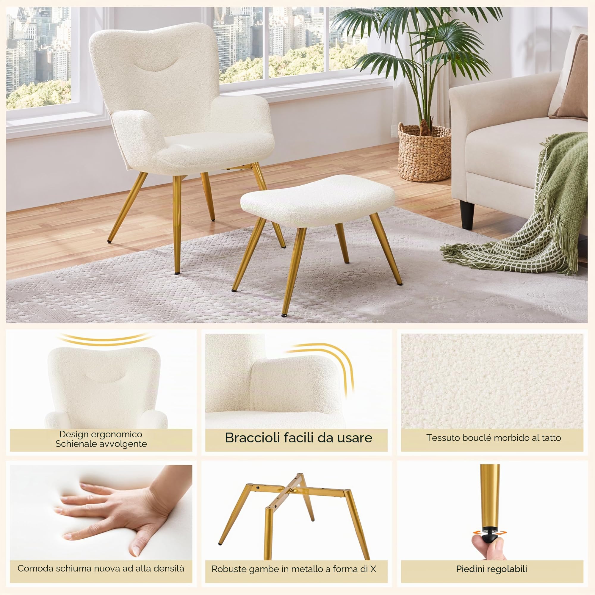 Yaheetech Poltrona Imbottita con Sgabello Poltrocina in Tessuto Boucle con Schienale Pieghevole Gambe in Metallo Sedia per Soggiorno Camera da Letto Lettura Caffè Avorio