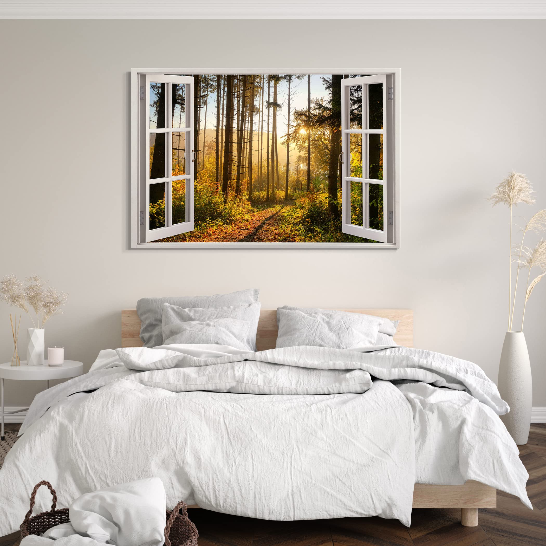 Printistico Impression sur toile (120x80 cm) vue depuis la fenêtre - rayons du soleil forêt nature brouillard - photographie nature, cadre en bois véritable avec crochet,
