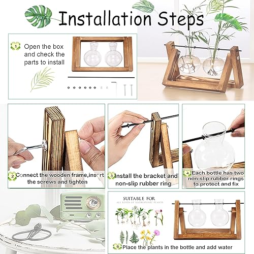 Miniatura 5 de Kingbuy Maceta de escritorio de cristal con soporte de madera retro y jarrón de terrario para plantas (2 bombillas) para decoración de escritorio de