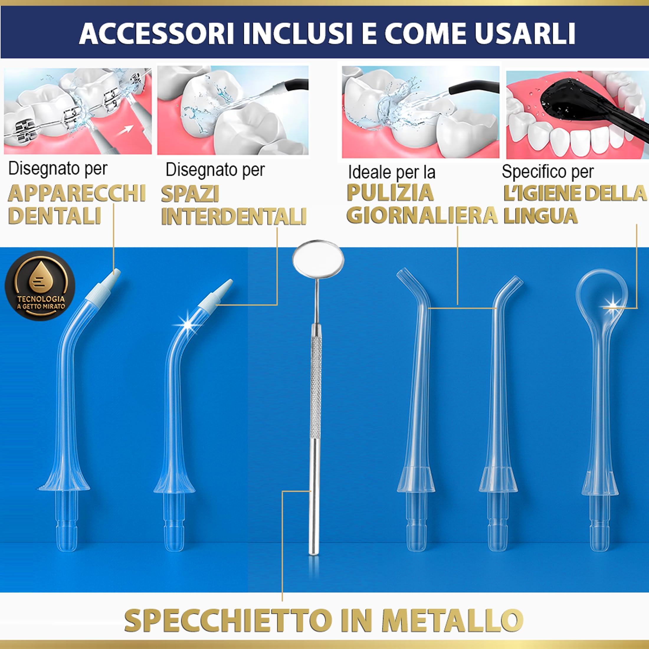 Idropulsore Dentale Portatile DENTAL V-PRO da 300ml. Idropulsore denti,alta pressione con 5 ugelli +1 specchio per pulizia denti profonda. Water flosser Impermeabile. Irrigatore Orale pulizia profonda