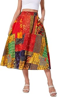 WDIRARA Women's Patchwork Skirt High Waisted A Line Flowy Boho Vintage Midi Skirt