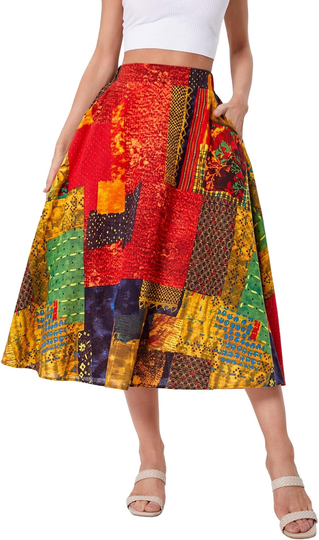 WDIRARA Women's Patchwork Skirt High Waisted A Line Flowy Boho Vintage Midi Skirt