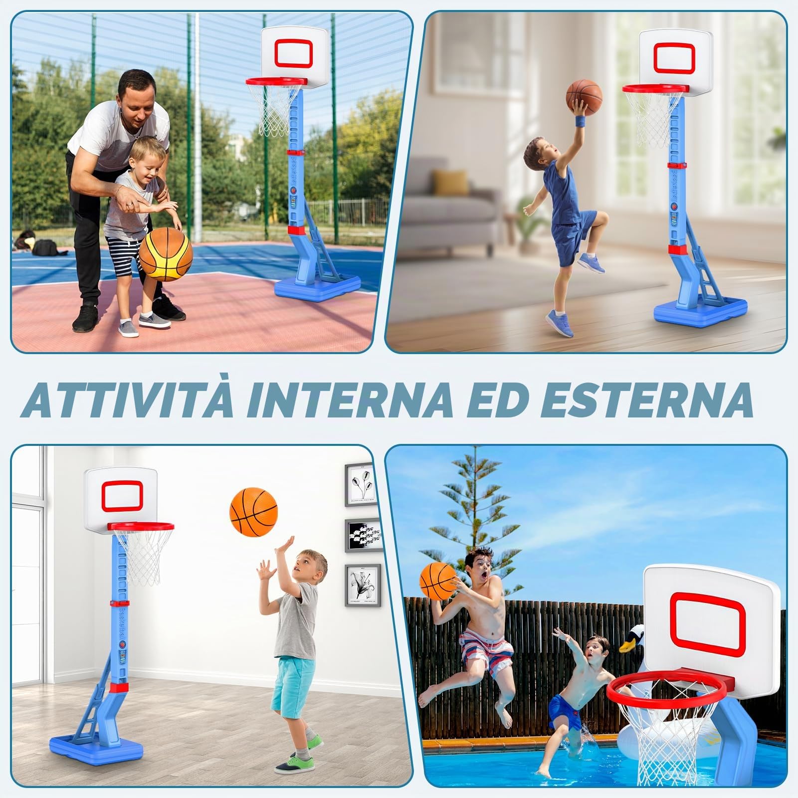Canestro Basket Bambini, Altezza Regolabile 70-138 CM Con Supporto Mini Canestro Basket Da Camera Per Giochi Per Bambini Dai 3 Agli 8 Anni-Blu