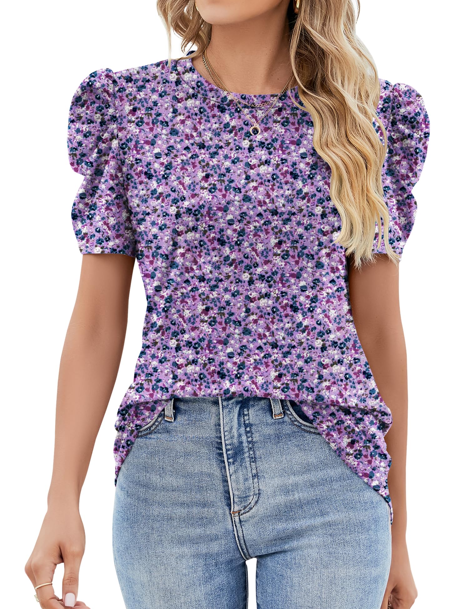 IECCP Bluse Damen Sommer T-Shirts Puff Spitze Kurzarm 2025 Sommer Oberteile Damen Rundhals Lässig Tunika T-Shirt Elegant