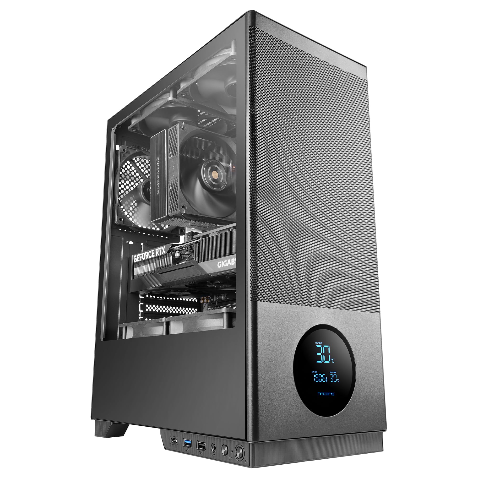 Tacens SAGITTA20, ATX PC-Gehäuse, LED-Bildschirm mit Echtzeit-Temperaturen, 3X 120mm Lüfter, Seitliches Gehärtetes Glas, Front Mesh Metall Staubschutz, CableHatch, USB-C, Schwarz