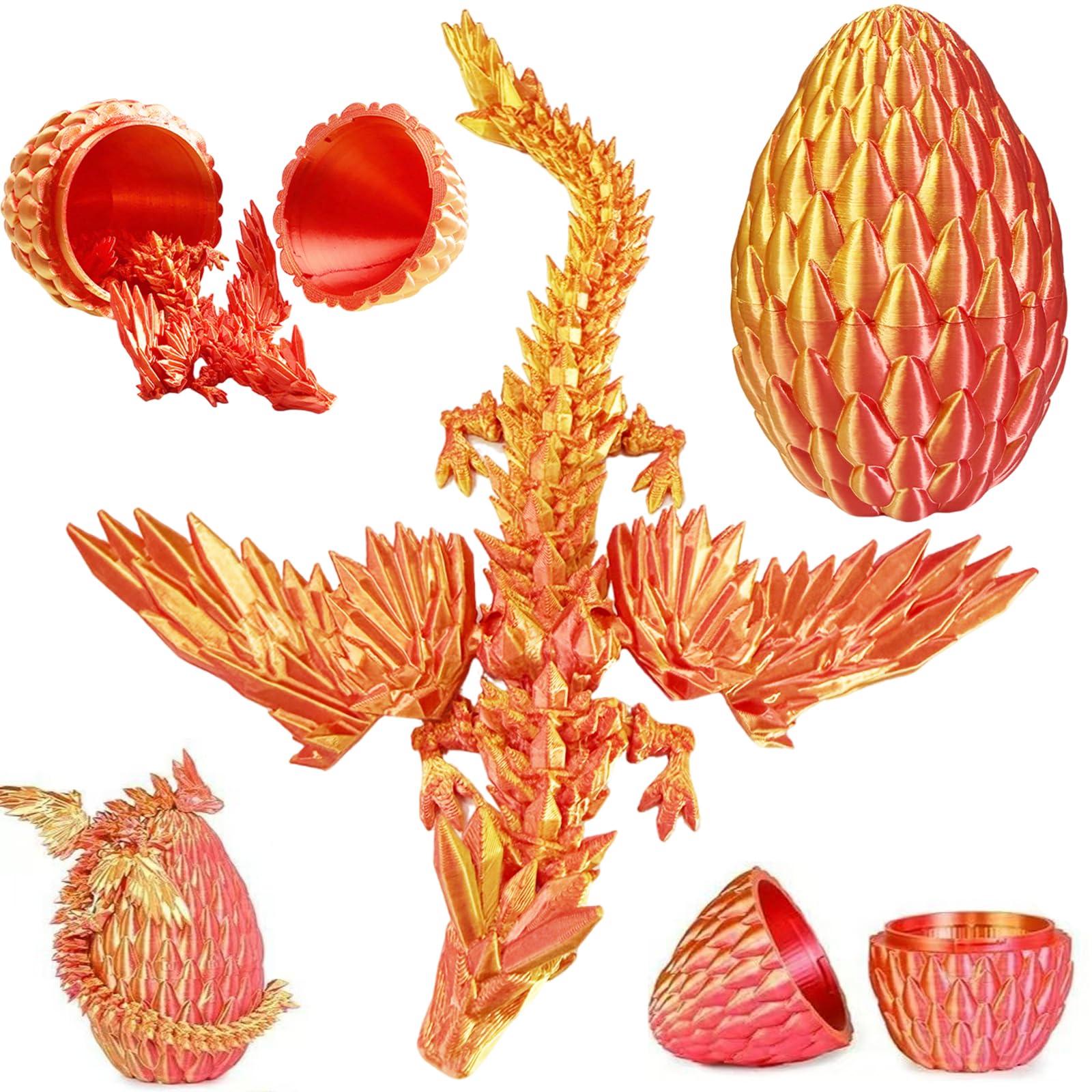 Joycabin 3D Printed Dragon Egg with Dragon, 3D Printed Articulated Crystal Animals Fidget Toy and Decor for Kids Friends Colleagues – Christmas Birthday Halloween Easter Decoration Gift (Red Gold) — image 1