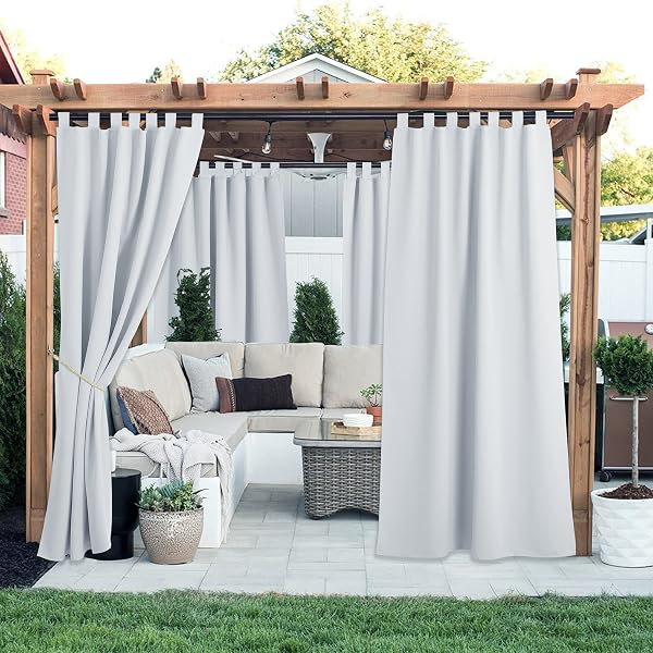 NICETOWN Outdoor Curtains for Patio,Waterproof Detachable Sticky Tab Top Thermal Insulated Blackout Outdoor Drapes for Deck/Gazebo,Set of 2,W52 x L96,Greyish White - 2