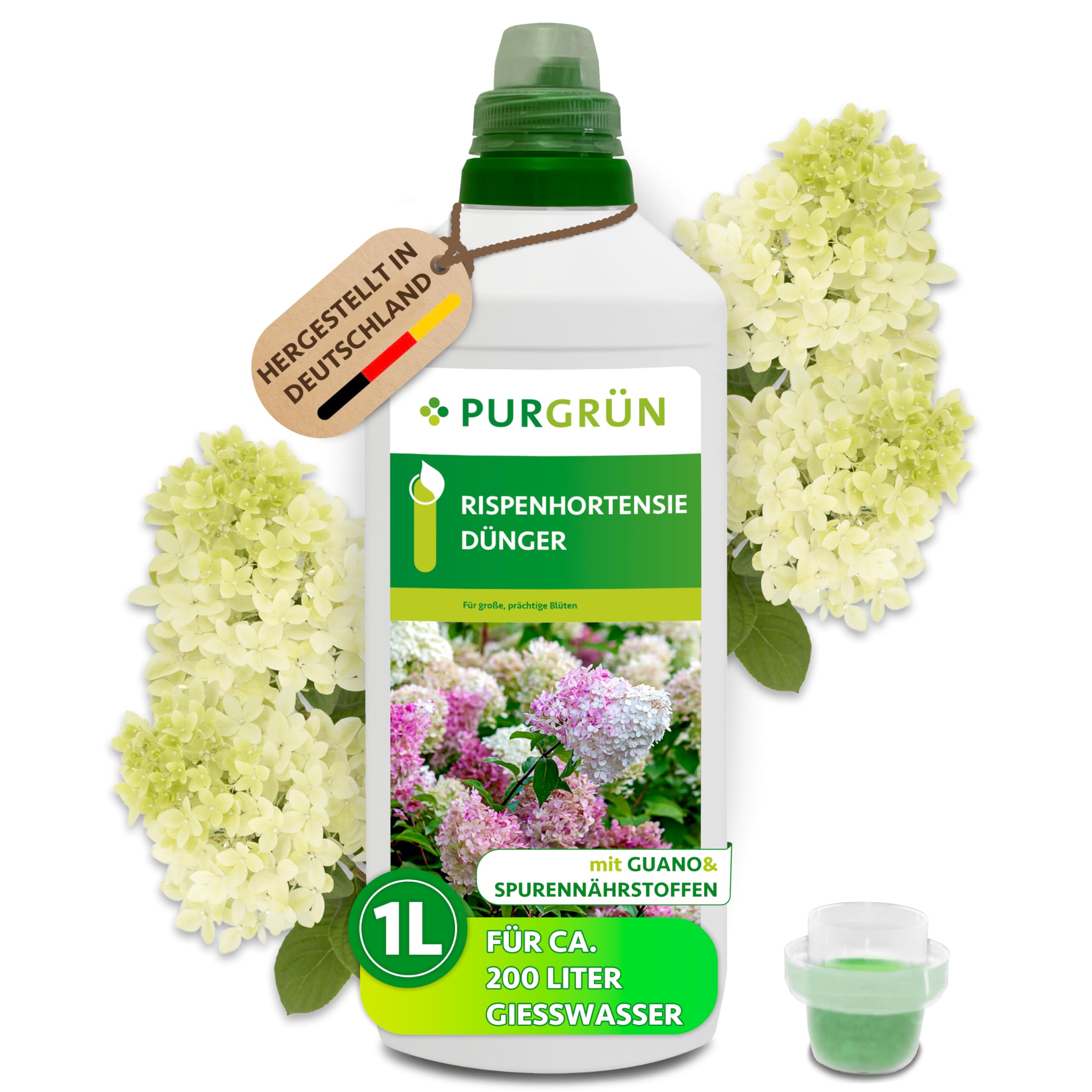 Purgrn Rispenhortensie-Dnger 1 Liter  Organisch-mineralische Rezeptur   Premium-Flssigdnger mit Spurennhrstoffen  NPK 5+7+8  Mit Guano &  Spurennhrstoffen  Fr prchtige Blten : Amazon.de: Garten