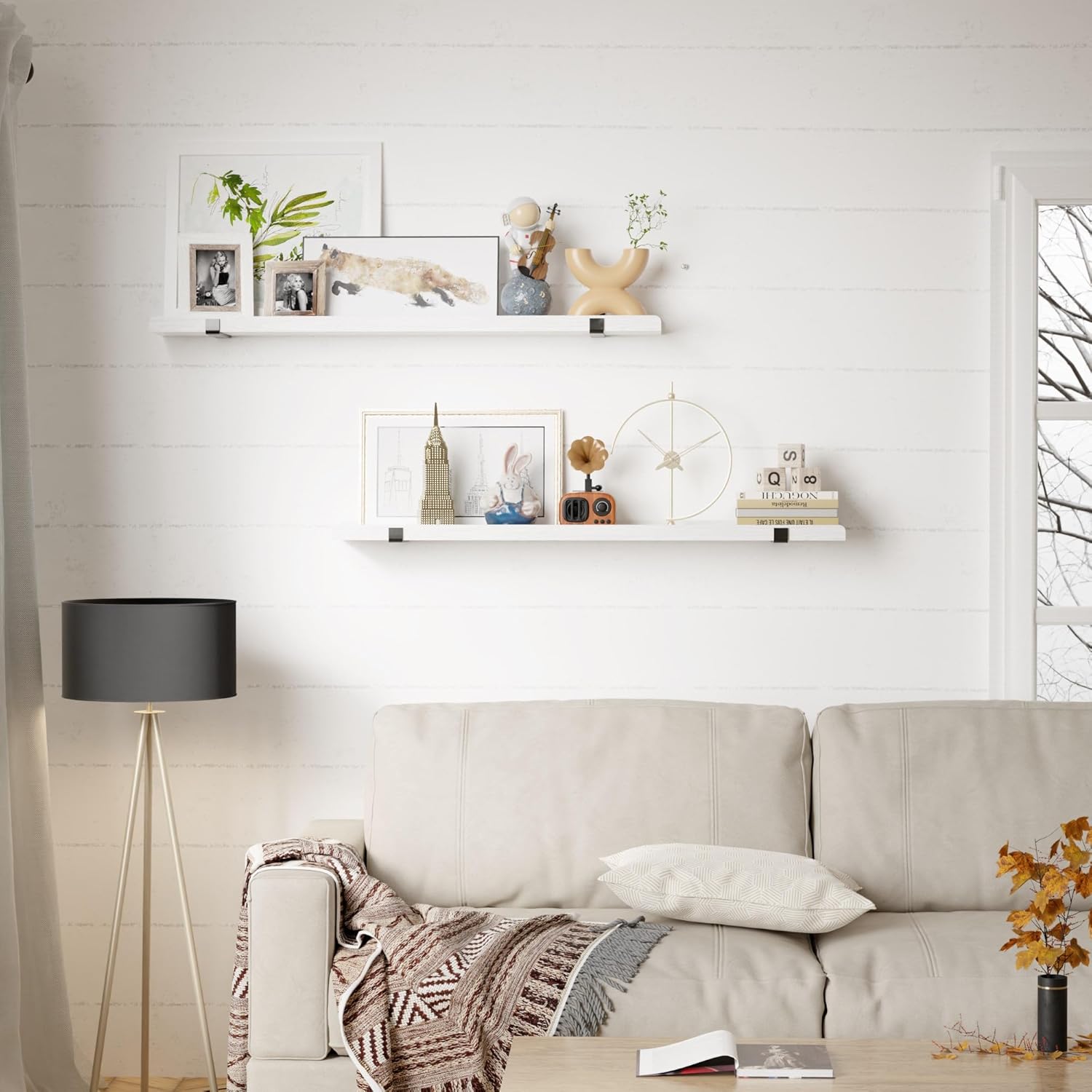Natural Wood Floating Shelves with Lip, 40 Inch Long White Floating Wall Shelves with Metal Bracket, Set of 2 Picture Ledge Shelf Wall Mounted Shelves for Living Room, Bedroom and Kitchen.