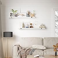 Vista 2 de Estantes flotantes de madera natural con labio, estantes de pared flotantes blancos de 40 pulgadas de largo con soporte de metal, juego de 2