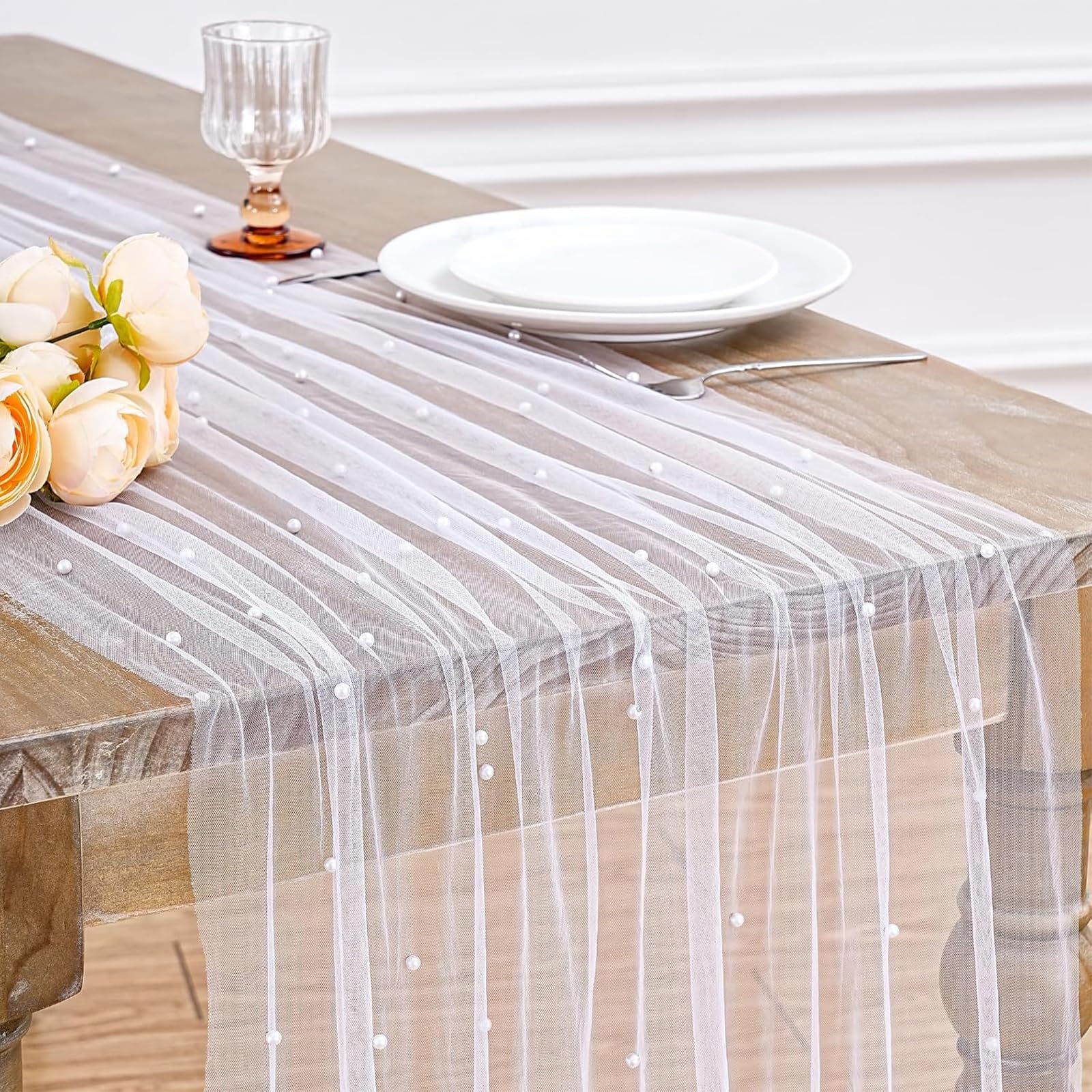 White Pearl Table Runner with Sheer Tulle, Gauze Mesh Decor for Dining Room, Elegant Wedding Decoration, Bridal Shower and Birthday Party Accessories, 72 x 300cm