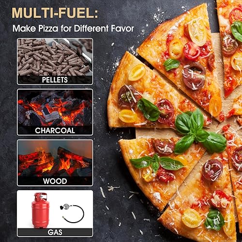 Miniatura 2 de ABORON Horno de pizza multicombustible de 16 pulgadas, portátil de madera y gas con piedra giratoria, acero inoxidable con cortador de termómetro y