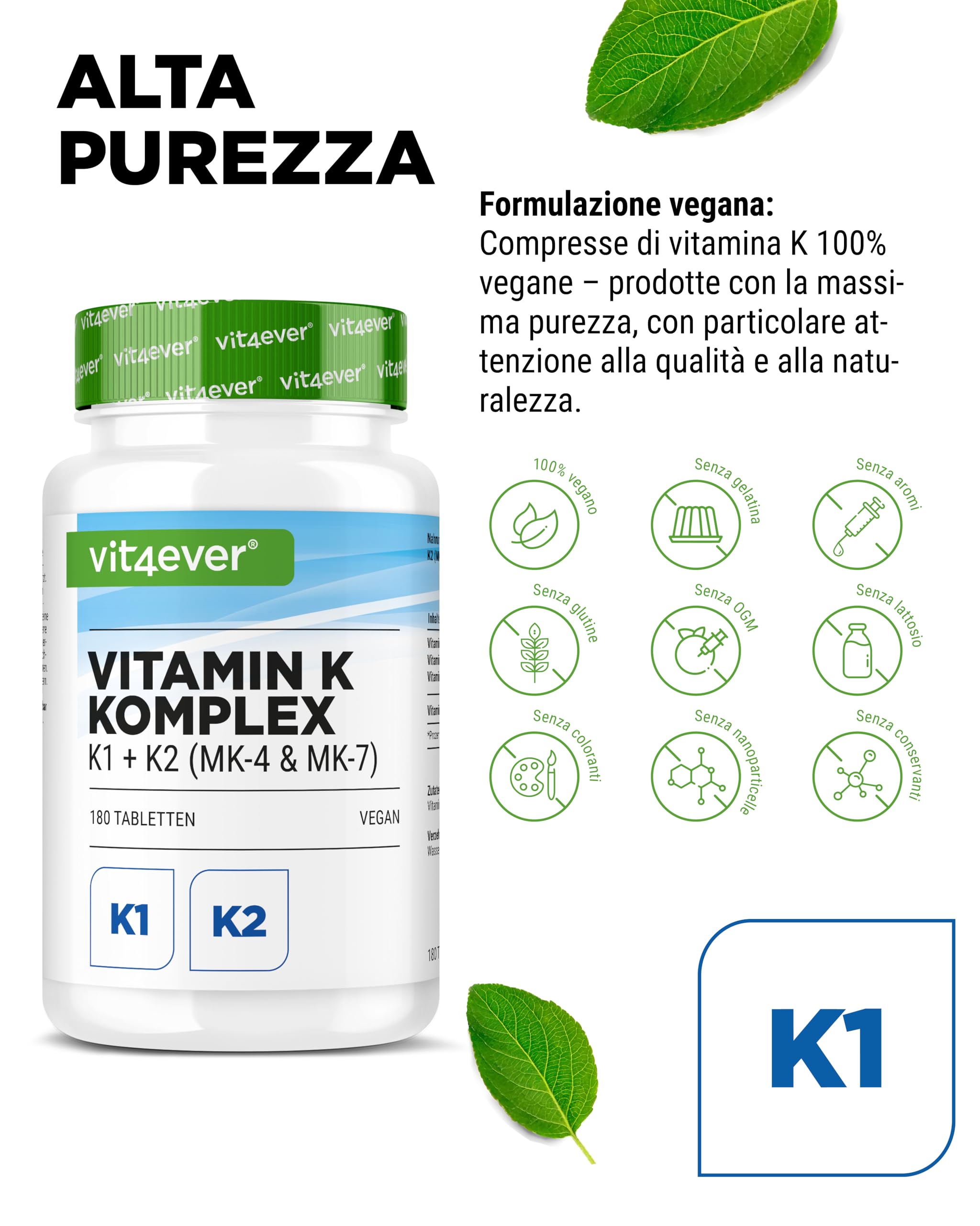 Complesso di Vitamina K - 180 Compresse - Alto Dosaggio con 1.000 µg di Vitamina K1 + K2 Menachinone (1.000 µg MK4 + 200 µg MK7) - Senza additivi inutili, vegano