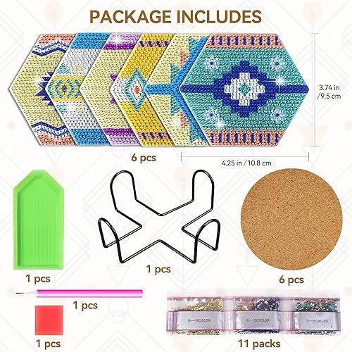 Miniatura 6 de Vcekract Kit de posavasos de pintura de diamante, 6 posavasos de pintura de diamante hexagonal con soporte, arte de diamantes para adultos, kit de