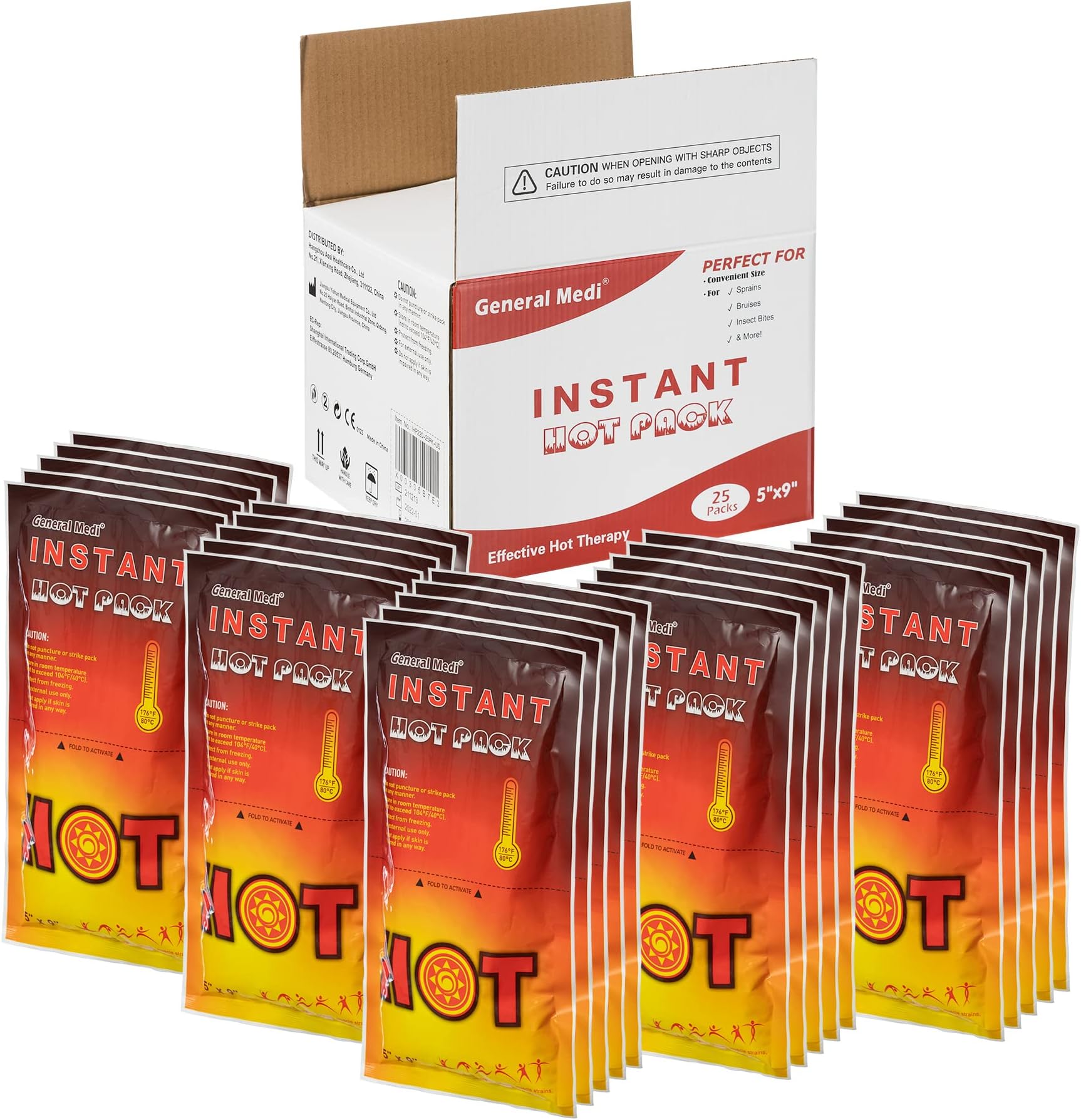 General Medi Instant Hot Pack – Set of 25 Disposable Hot Therapy Packs for Arm, Leg, Sore Neck, Shoulder & Abdomen - Long Lasting Heat & Discomfort Relief (5" x 9")