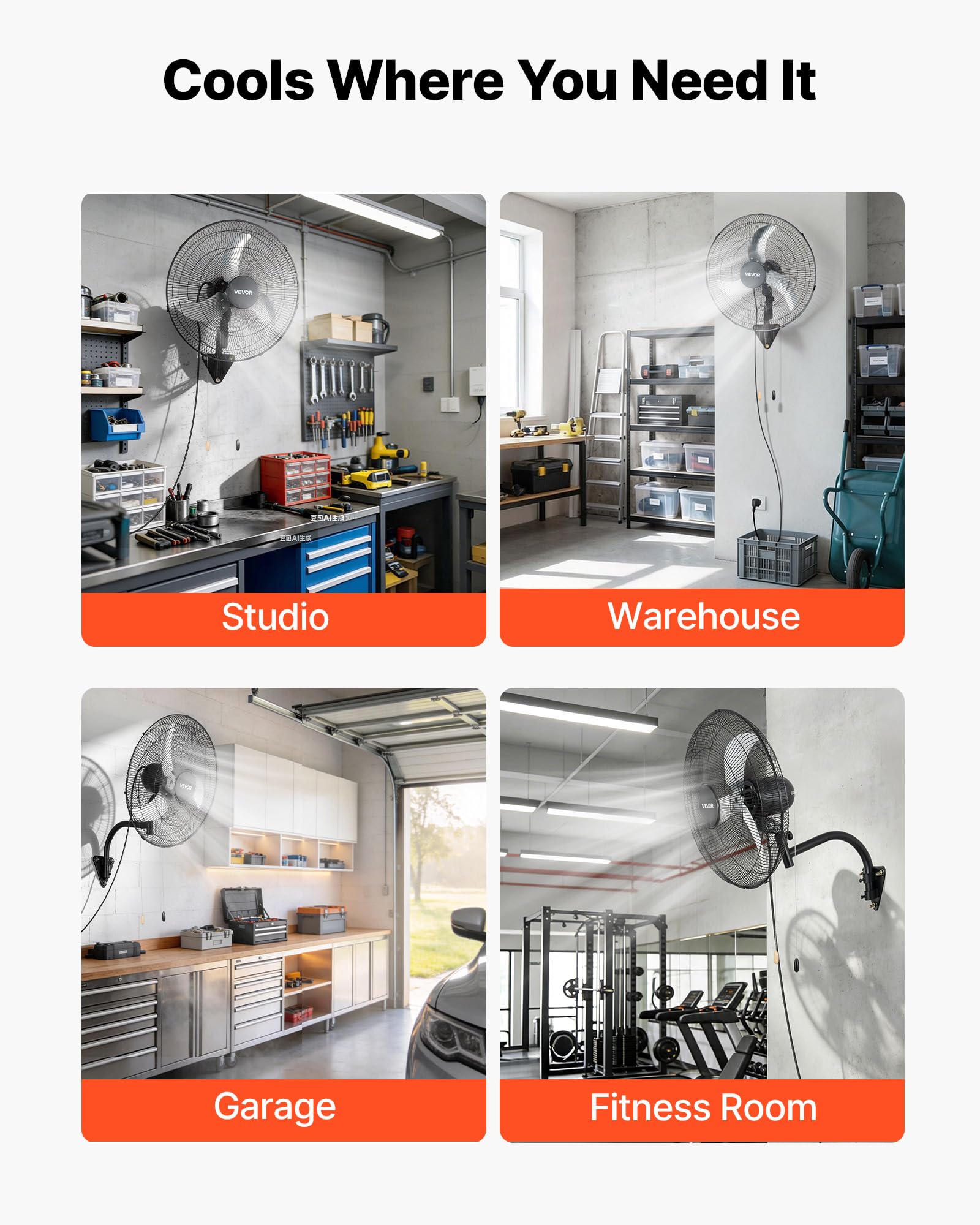 VEVOR Ventilateur Mural Industriel 50 cm, Ventilateur Oscillant pour Atelier, Garage, Entrepôt et Salle de Sport, 3 Vitesses, Oscillation Automatique, Angle Réglable, Pales en Alu, Grille en Acier