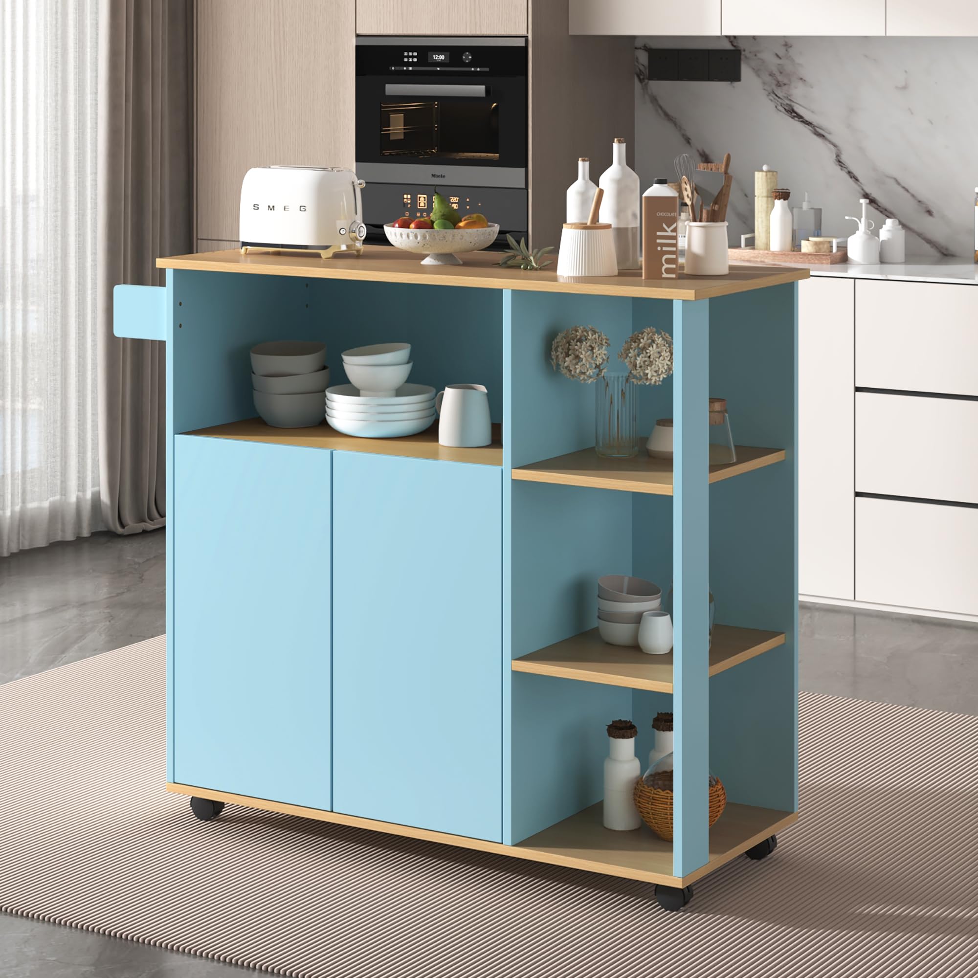 Chariot De Service, Îlot De Cuisine Avec 4 Portes 3 Tiroirs,Plan De Travail Pliable,Roulettes,Desserte Cuisine Armoire Buffet Blanc - Maison