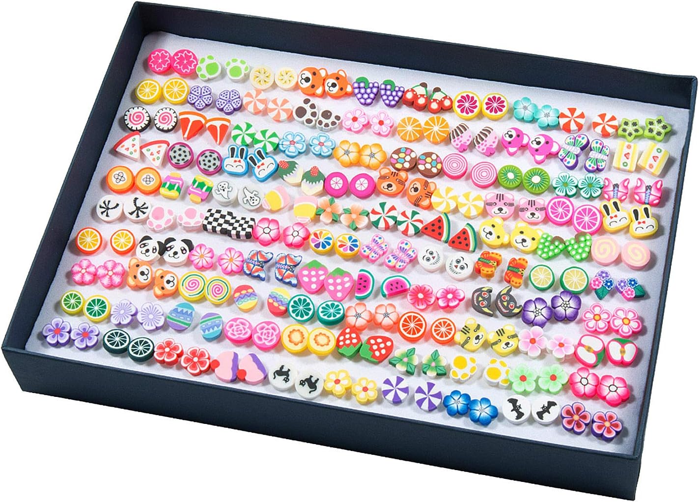 100 Pairs of Soft Pottery Stud Earrings for Girls, with Storage Case and Rubber Backs for Women, Children and Girls