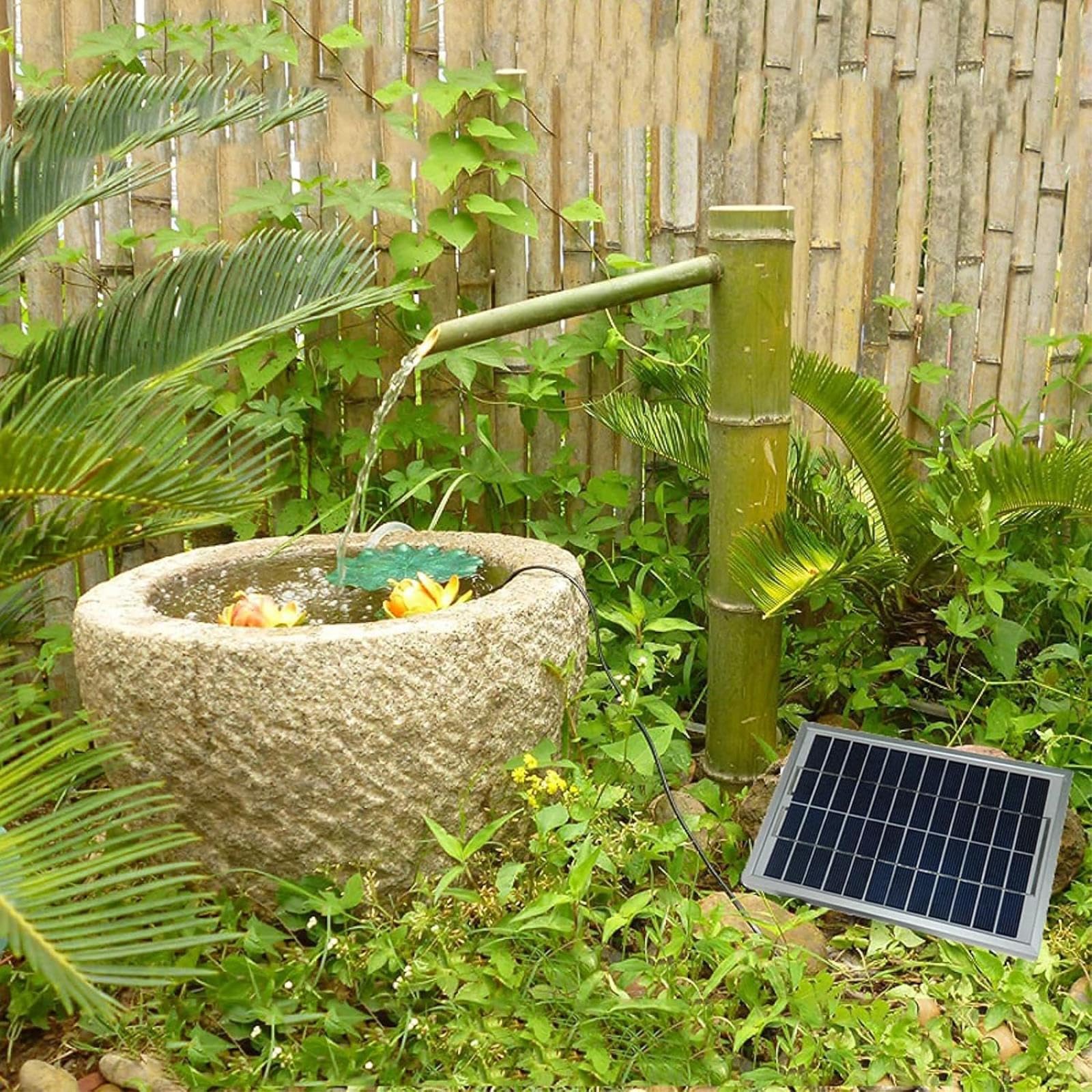 Fontana Solare, Fontana da Giardino in bambù Naturale Resistente alle spaccature, Fontana d'Acqua Zen Feng Shui, Decorazione con Acqua Corrente per Esterni, per Prati, Giardini e Cortili.