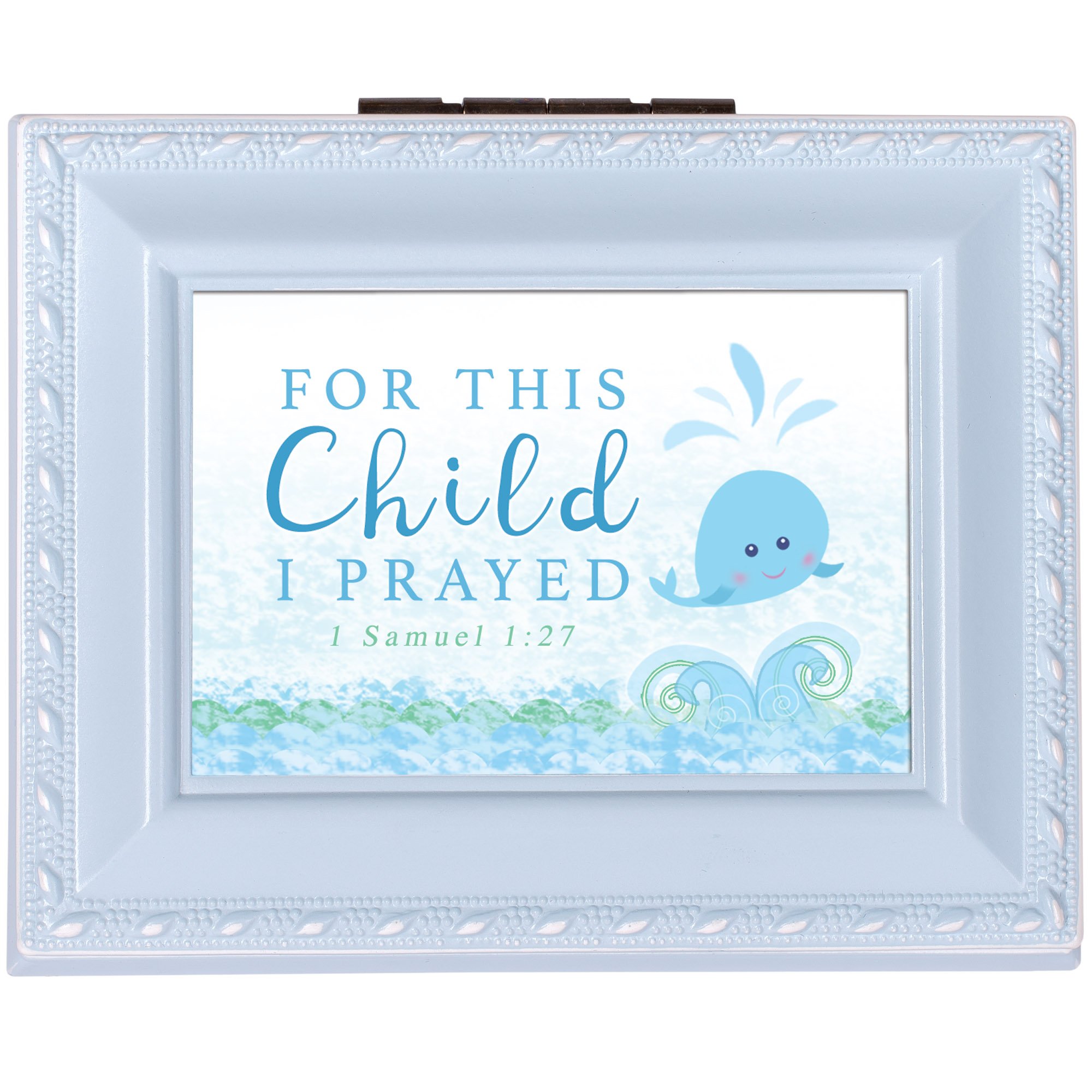 Caja de recuerdos cuadrada para bebé, diseño de cuerda azul con texto "For This Child I Prayed"