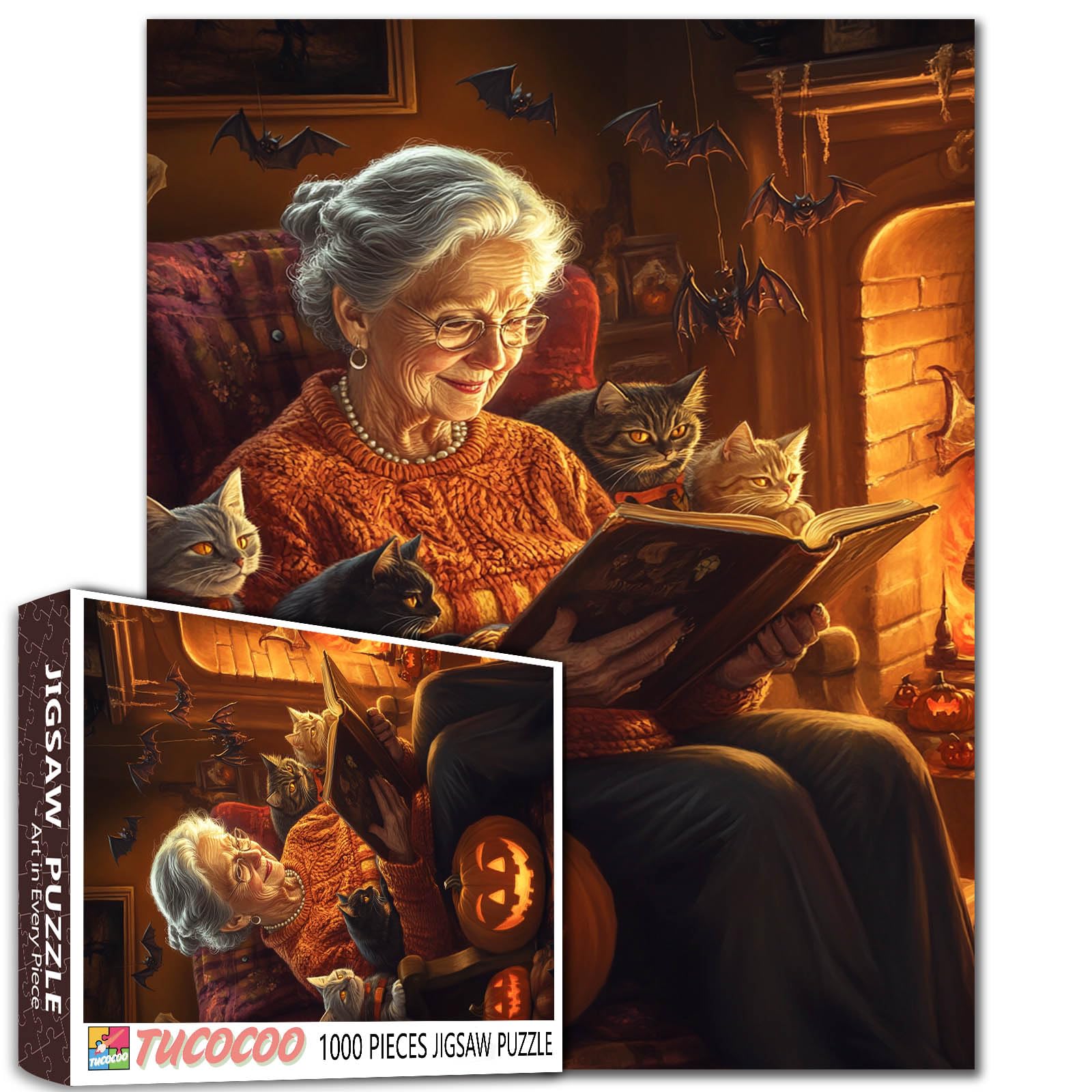 Halloween Themed 1000 Piece Jigsaw Puzzle Cosy Fireside Scene with Cats and Bats Kitchen DIY Puzzles for Challenging Family Activity Games Elderly Lady Art Home Wall Decor Craft Gifts