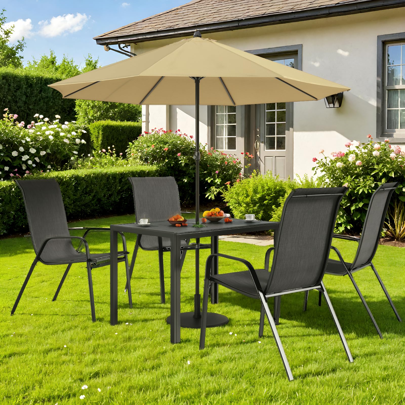 Clevich Tavolo da pranzo da giardino con foro per ombrellone, 110 x 70 x 73 cm, resistente alle intemperie, con piano a doghe in WPC, telaio in alluminio, tavolo rettangolare per balcone/cortile