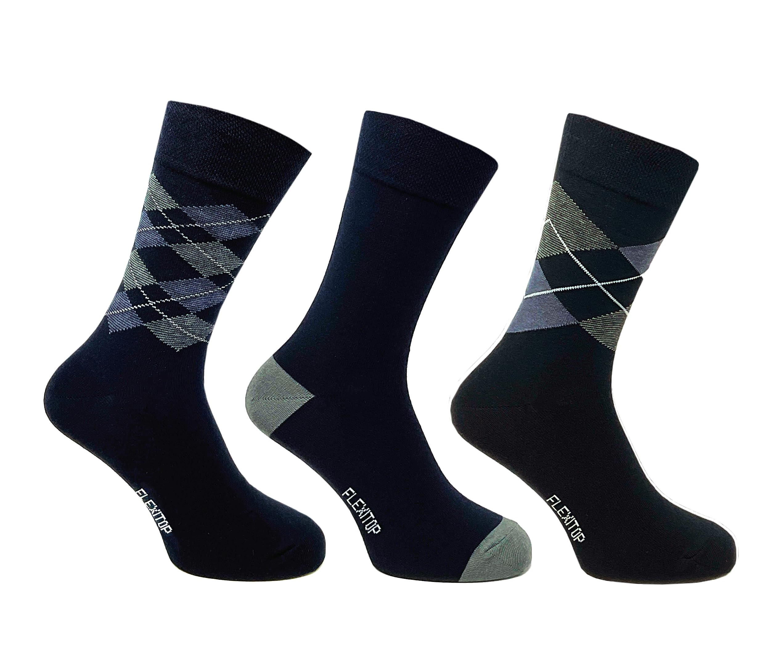 Flexitop Men's Black And Grey Argyle Mixed Design Socks | 3 Pairs | U.k. Size 6-11