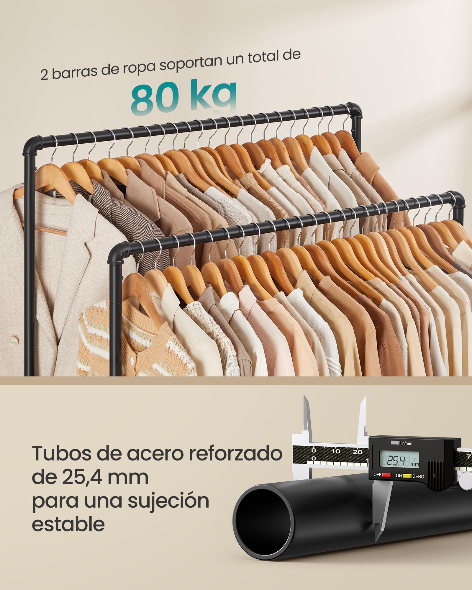 SONGMICS Perchero Burro de Doble Barra, Marco Metálico, 59 x 100 x 162 cm, Burro de Ropa con Estante de Almacenamiento y Ruedas, 2 Ruedas con Freno, Carga de 110 kg, Negro HSR60B