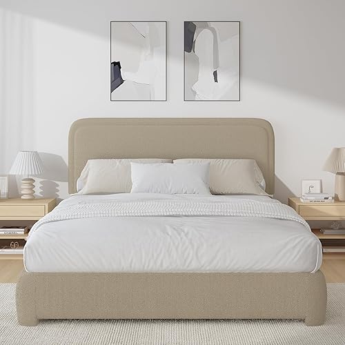 Miniatura 3 de BarnFurin Cloud Boucle - Base de cama de tamaño matrimonial, plataforma tapizada con cabecero, esquinas redondeadas suaves, no requiere somier,