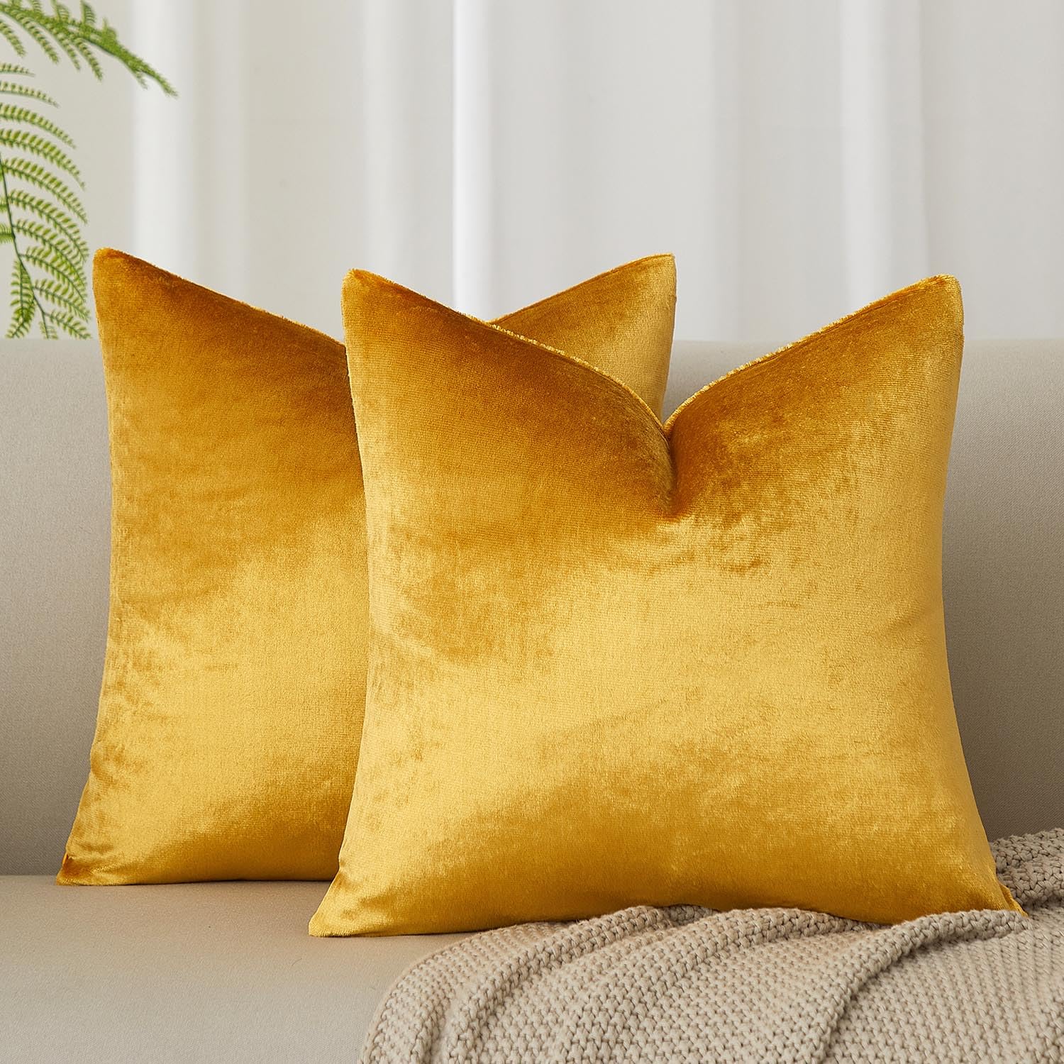 JUSPURBET Golden Velvet Throw Pillow Covers 14x14 Set of 2 for Living Room Couch Sofa Bedroom Decorative Square Solid Soft Cushion Cases with Invisible Zipper — image 1