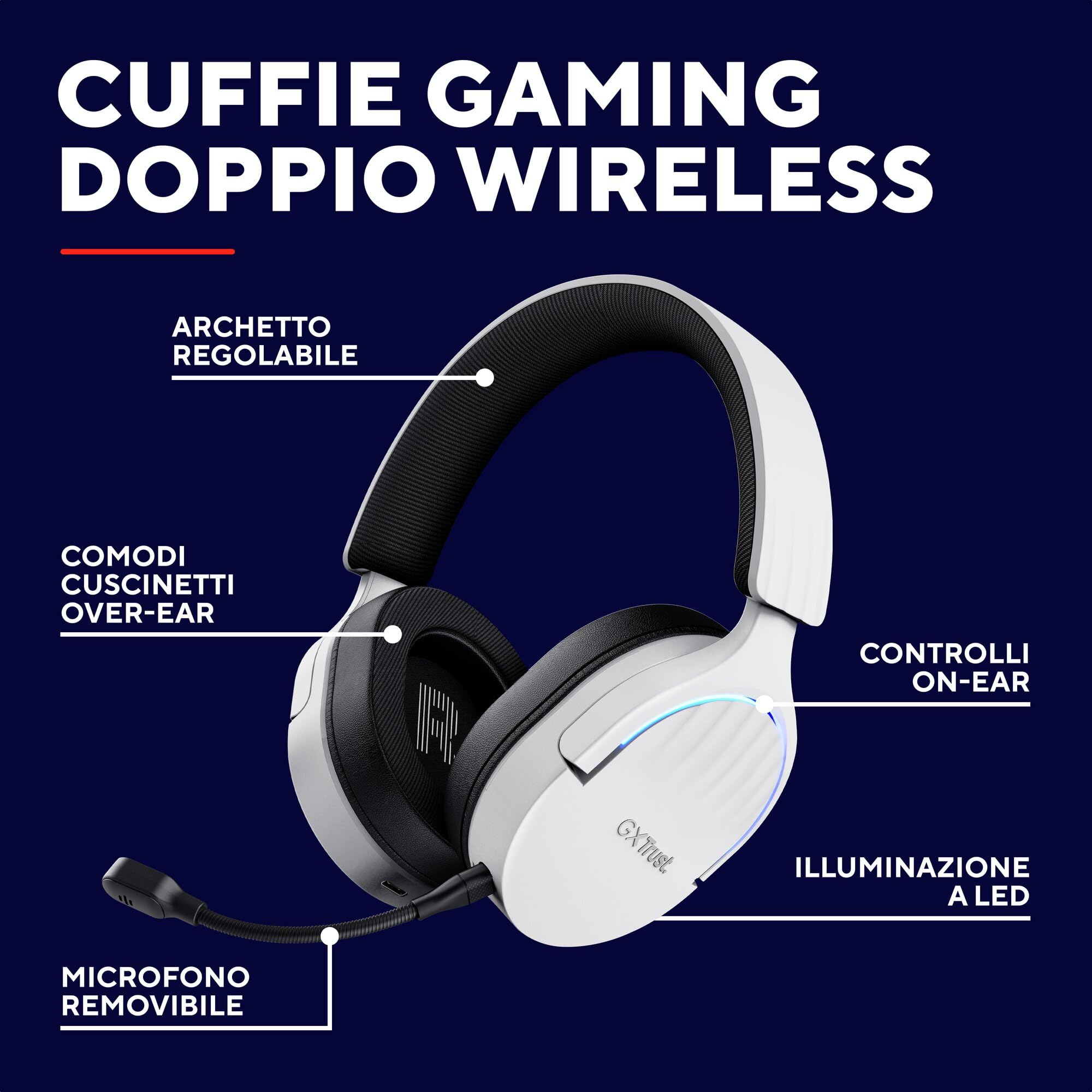 GXTrust 491W Fayzo Cuffie Gaming Wireless Bluetooth + 2.4 GHz, Audio Surround 7.1, Batteria da 22 Ore, 35% Plastica Riciclata, RGB Cuffie Bluetooth Over Ear PC PS5 PS4 Switch - Bianco
