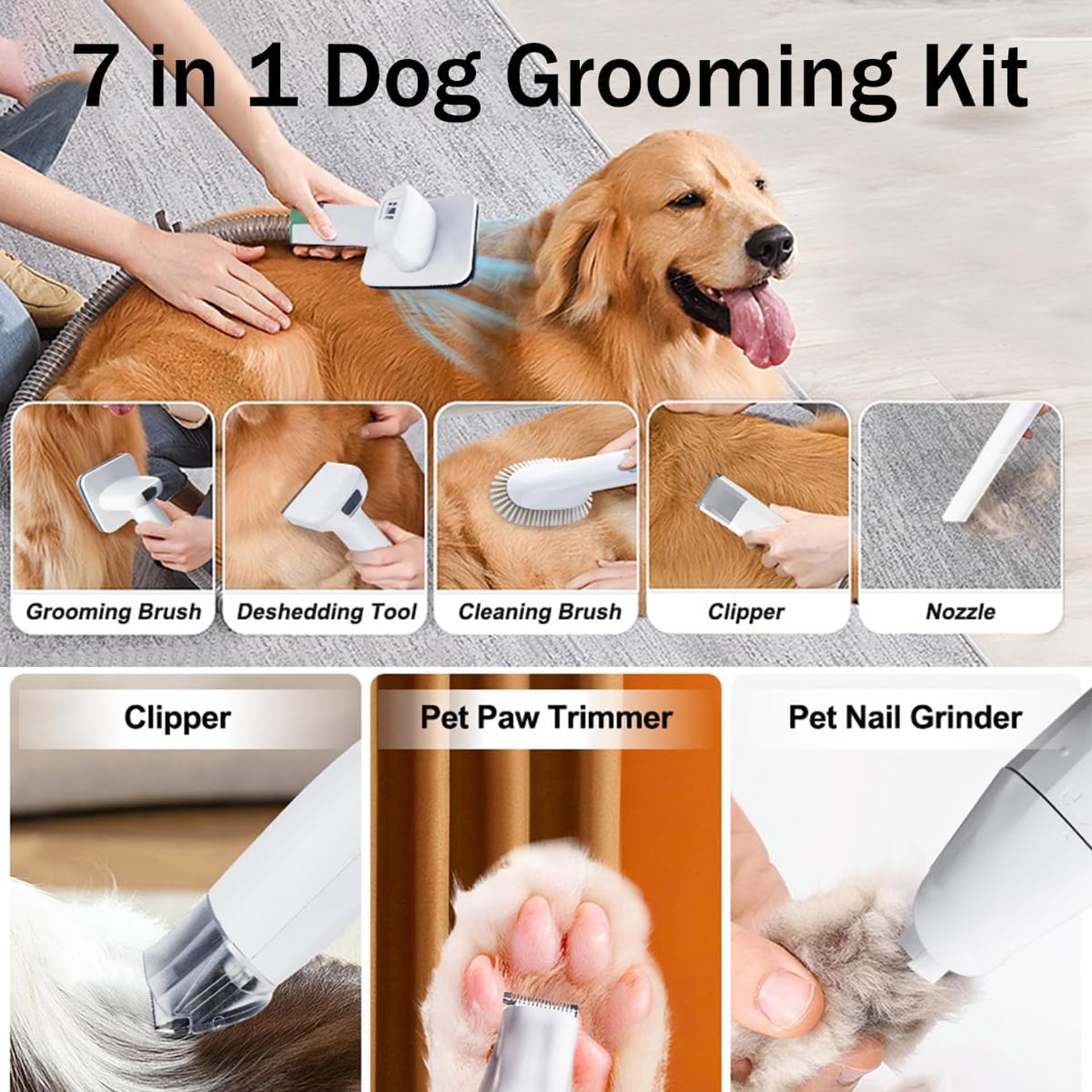 Kit de Aseo para Mascotas 7 en 1 con Aspiradora, Cortapelos para Perros con Depósito de Polvo de 1 L y 13 Peines Profesionales Depilador para Mascotas para Perros y Gatos con Muda Gruesa y Fina