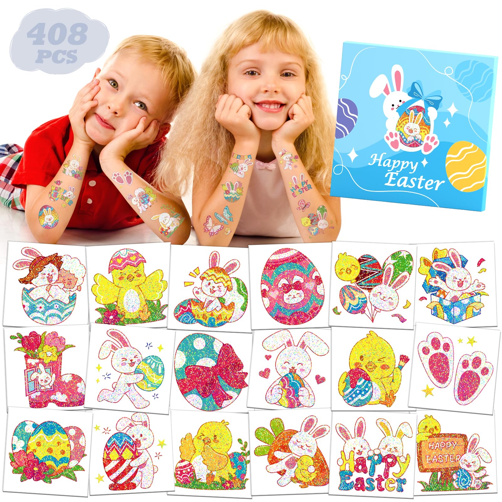 Pascua Tatuajes Temporales Brillantes Para Niños – 408 Pegatinas De Purpurina Con 204 Diseños Creativos Para Decorar Huevos, Cestas Y Regalos De Cumpleaños