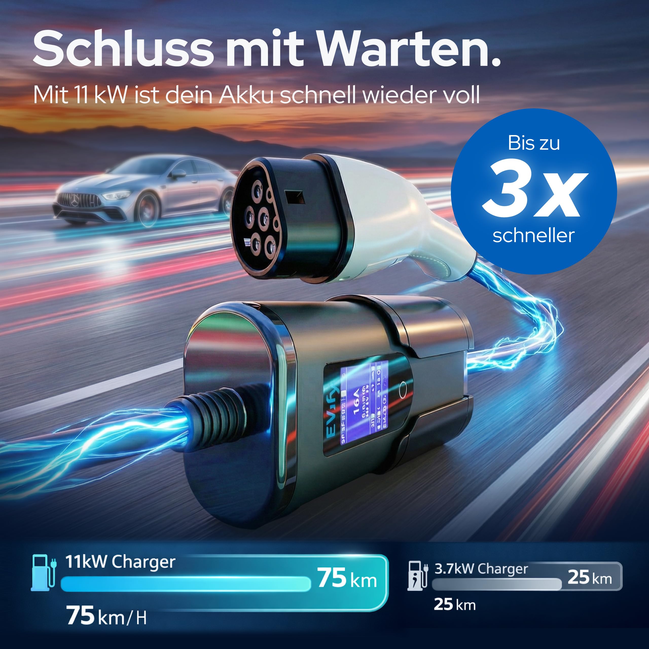 Mobile Wallbox 11kW Ladegerät Typ 2 - Ladekabel CEE 16a auf Typ 2 3-Phasig 5M, Ladegerät Ladeleistung einstellbar, Mobile Ladestation, Ladekabel E Auto Starkstrom, EV Charger 11kW mit Tasche