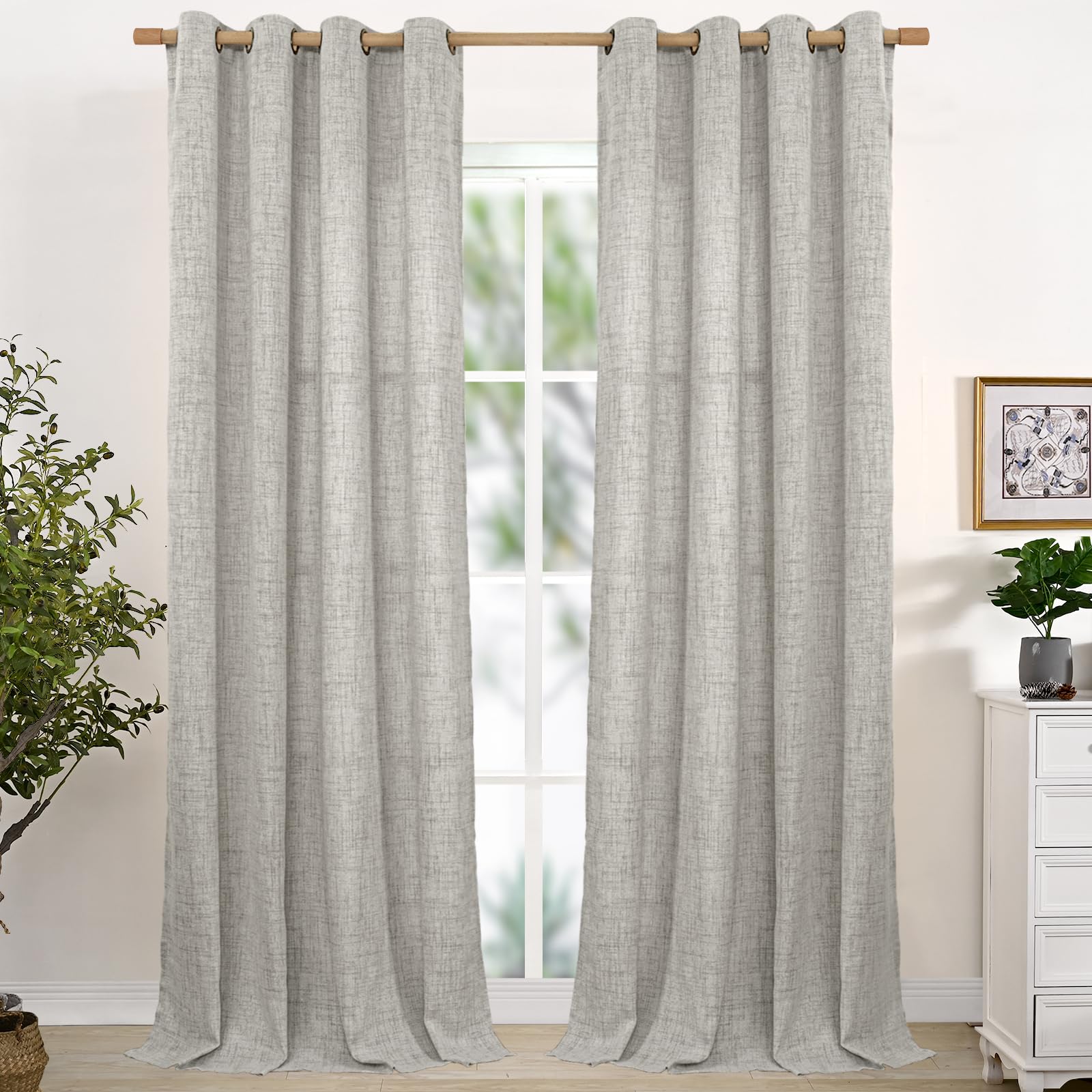 YoungsTex Linen Curtains 90 Inches Length for Living Room, Dark Grey Light Filtering Semi Sheer Drapes with Bronze Grommet for Bedroom Dining Room