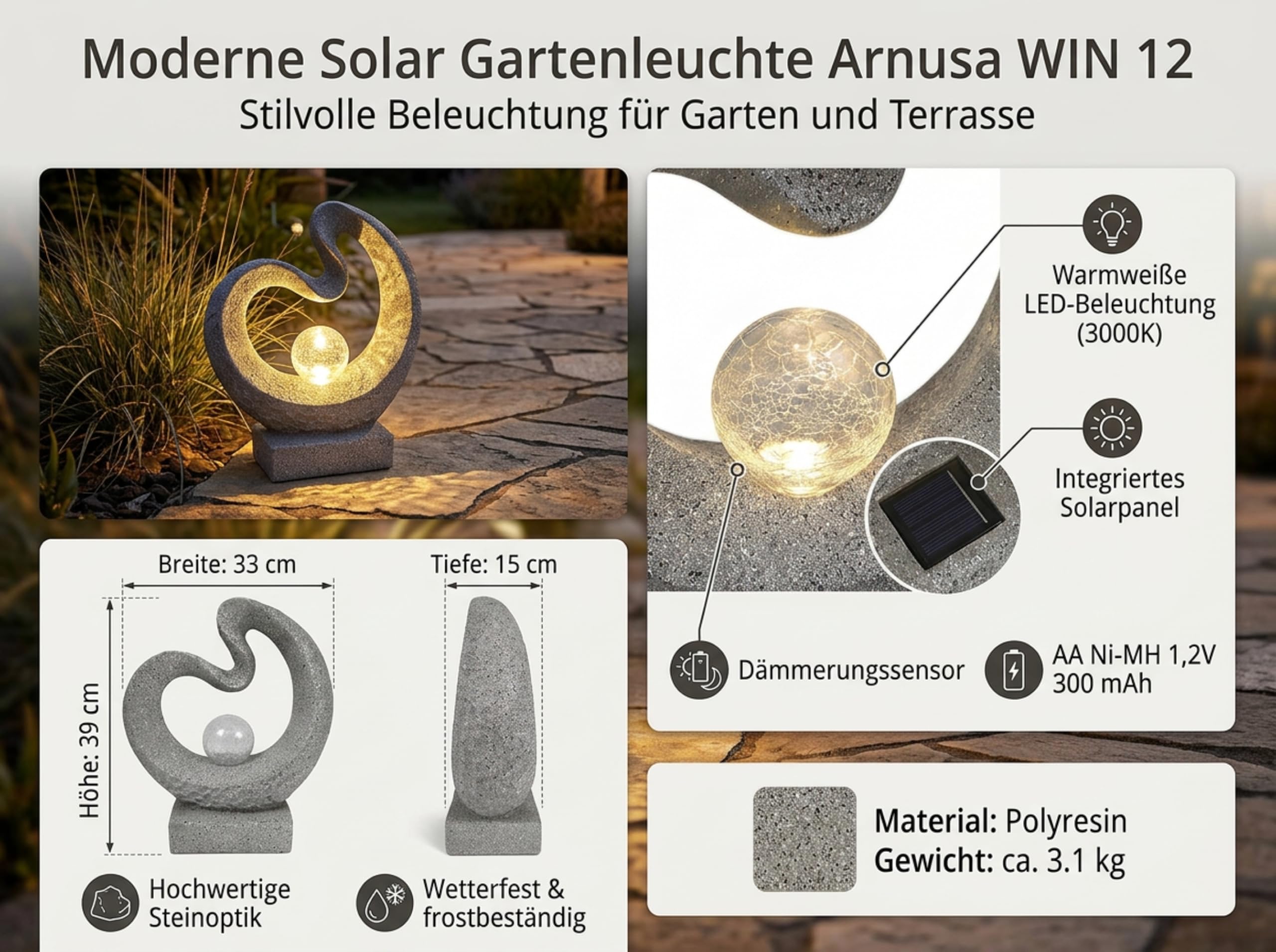 Arnusa Scultura a luce solare aspetto granito lampada solare moderna 33,5 x 39 cm statua da giardino con sfera di vetro illuminazione da giardino bianco caldo decorazione da giardino