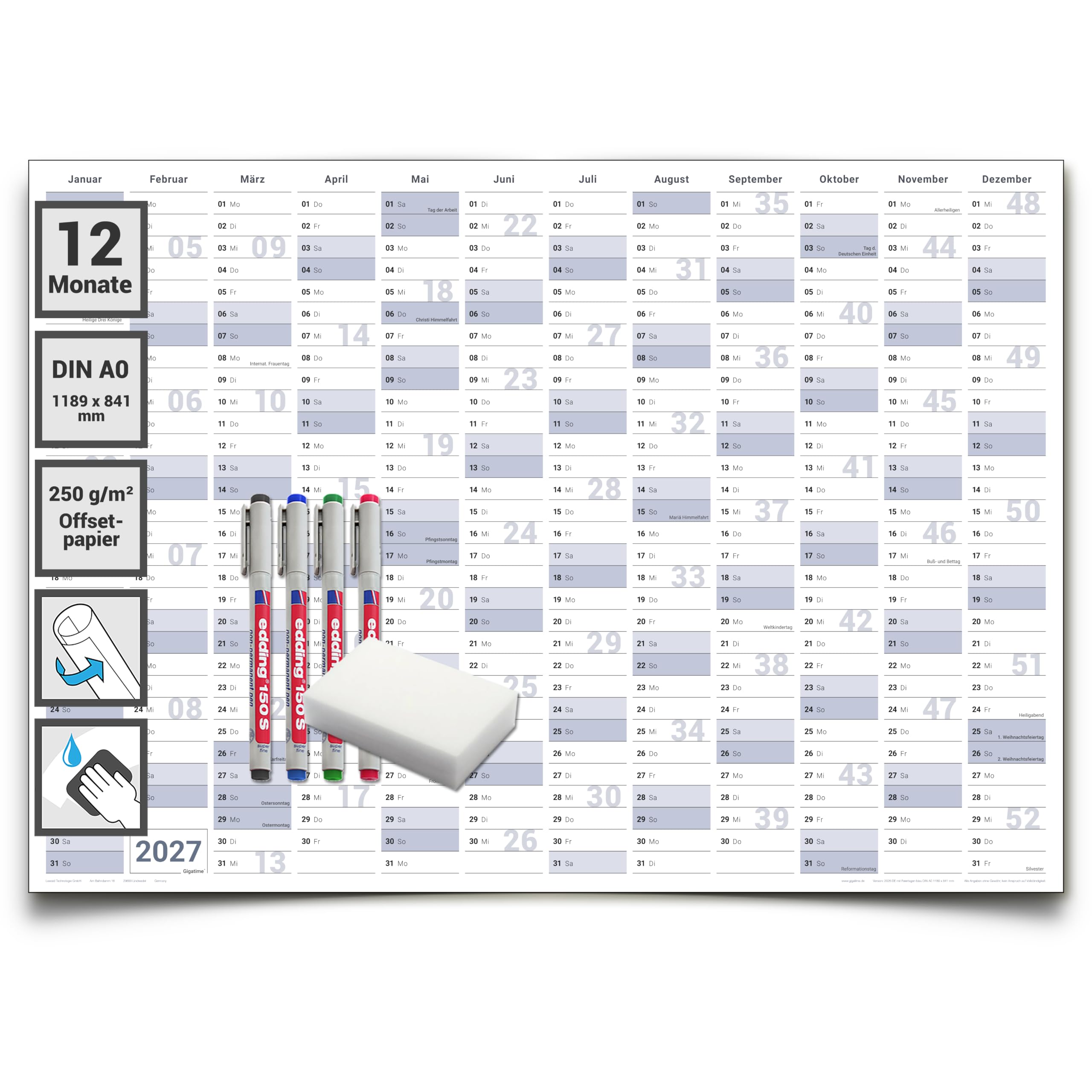 XXL Jahresplaner 2027 abwischbar, Wandkalender DIN A0 118 x 84 cm, gerollter Jahreskalender Deutsch, Wandplaner fürs Büro und Zuhause, inkl. 4 Stifte & Schwamm