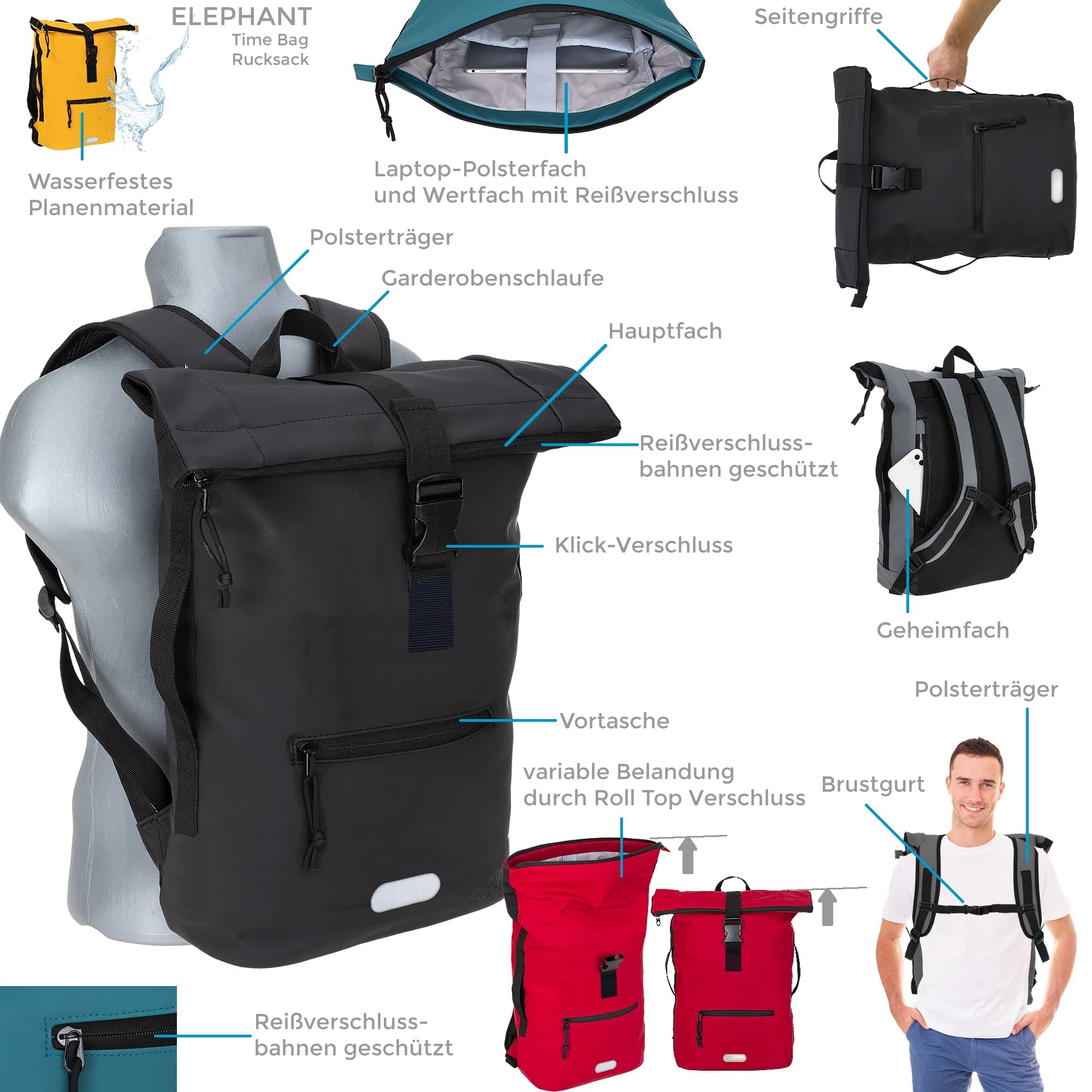 Elephant Rucksack Herren Plane Time Bag Kurierrucksack Roll-Top Fahrradrucksack Sport Fitness Damen 23 Liter A4 12821 + Flasche