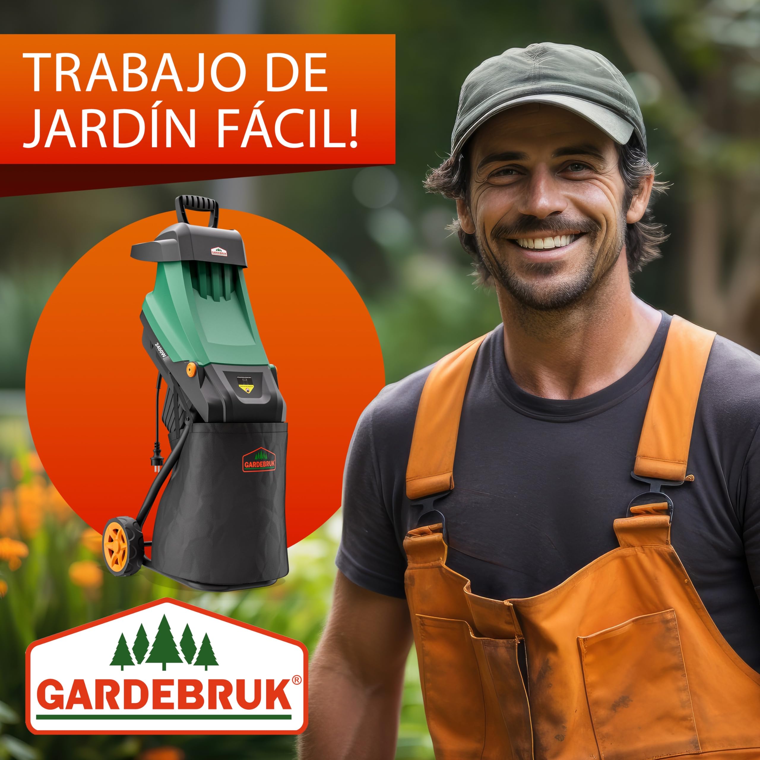GARDEBRUK® Trituradora de Ramas Ø45mm, Triturador Electrico Jardin, Corta Troncos Leña, 2400W, Bolsa de Recolección 50L, Cuchillas de Acero, Residuos
