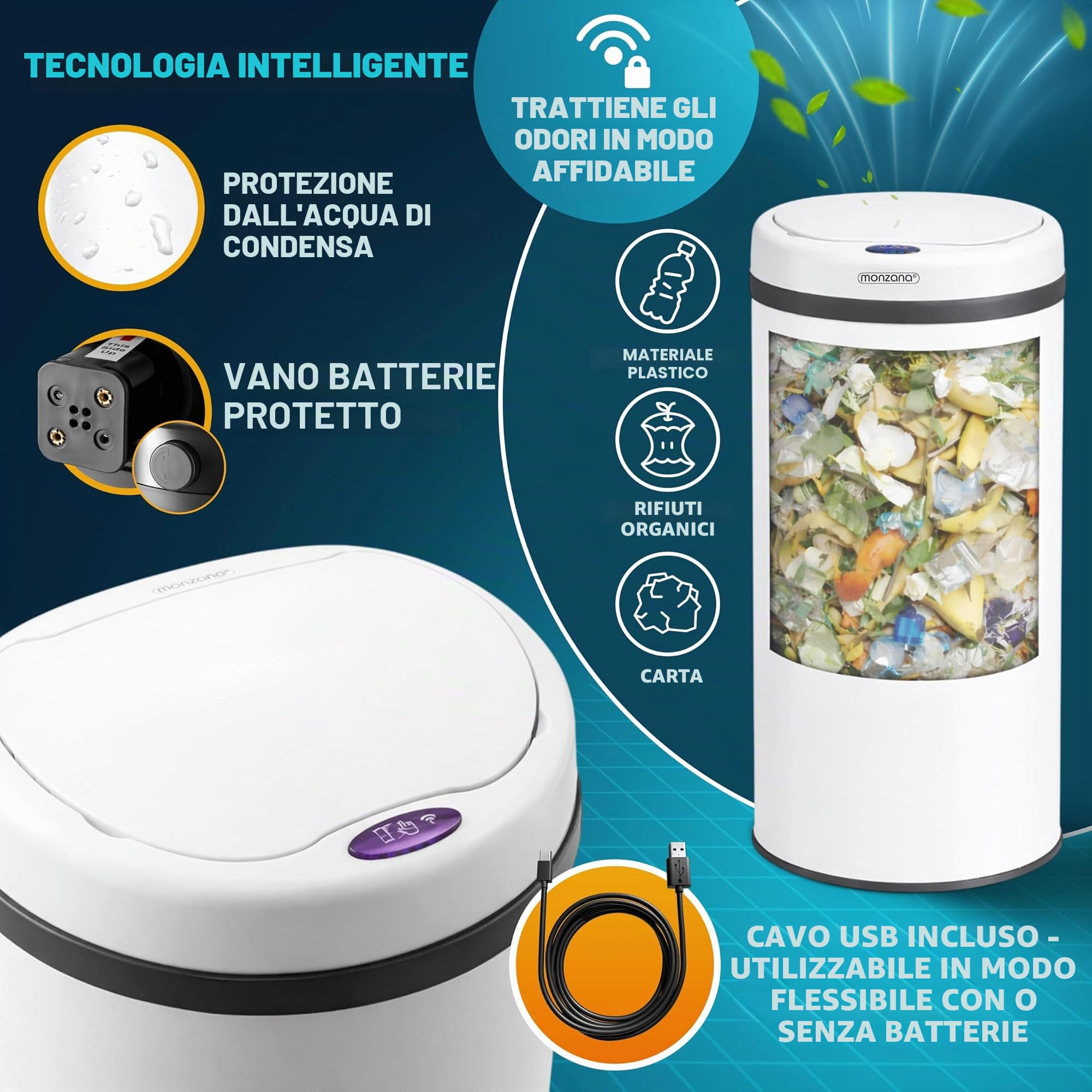 Monzana® Cestino a Sensore incl. Cavo di Ricarica Acciaio Inox Display LED Touchless Pattumiera Smart Raccolta Differenziata | Pattumiera intelligente da 50 l, con sensore, senza contatto, riciclabile, in acciaio inox, cavo USB, vano batteria protetto