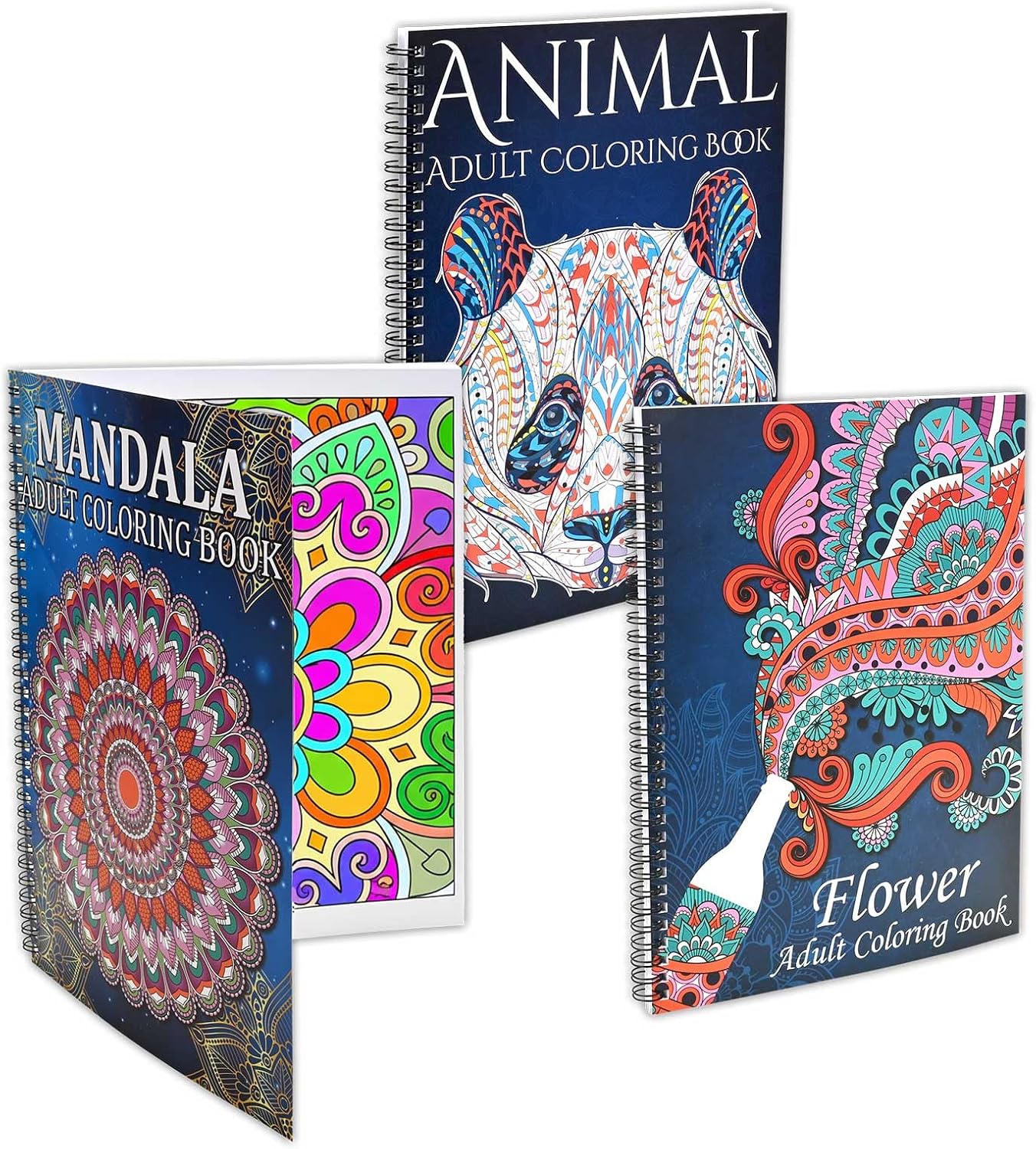 Adult Coloring Book Set,Spiral Bound Coloring Book for Adults Relaxation,60 Pattern Included Animal,Madalas and Flowers,Stress Relief Coloring Books for Women
