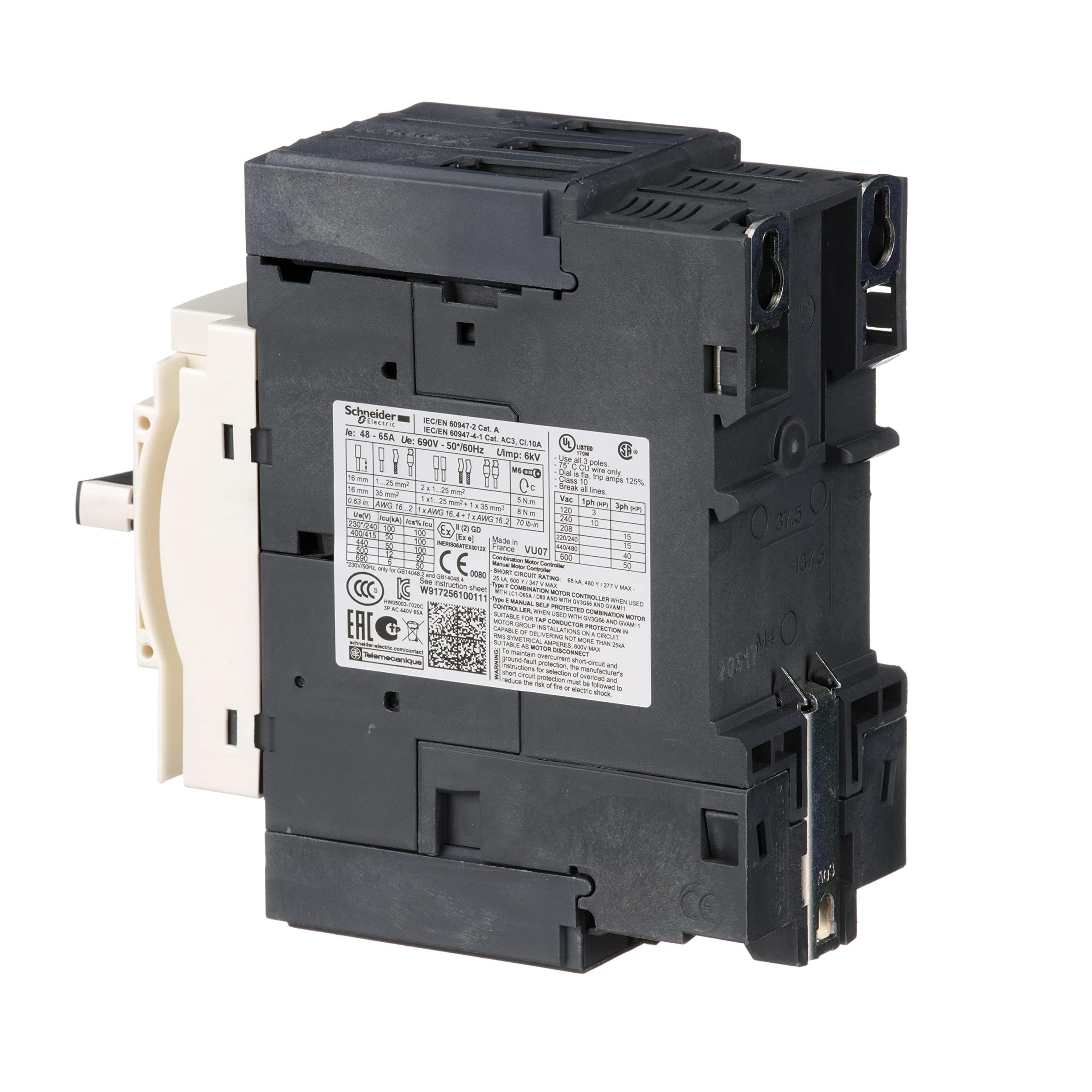 Schneider Electric GV3P65 Tesys Gv3, Disyuntor Magnetotérmico, 48…65A, Conectores Everlink Btr