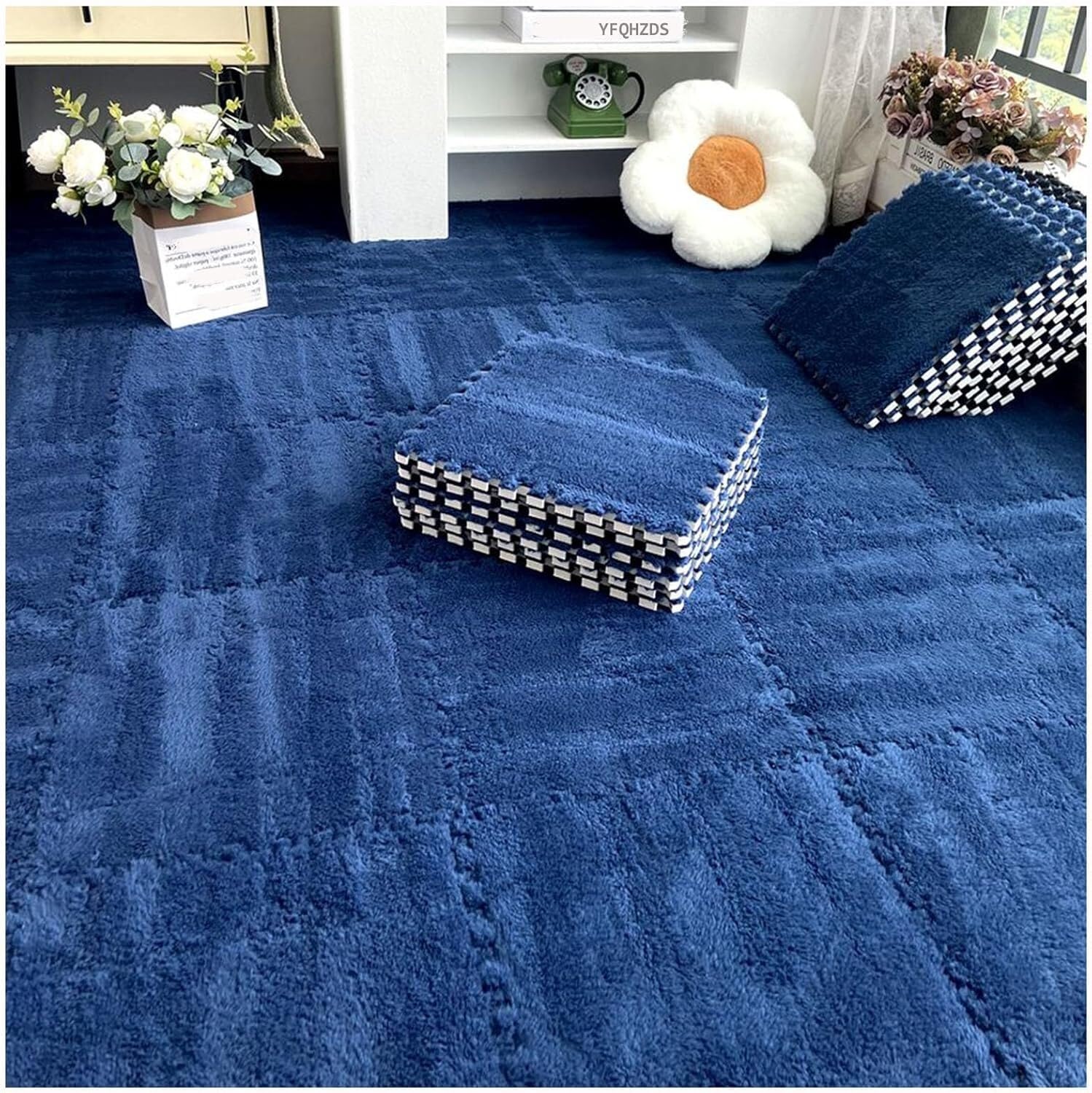 JvFbjLF Soft Plush Interlocking Floor Mats 12x12inch Puzzle Carpet Squares Fluffy Foam Floor Tiles With Border(Navy Blue)