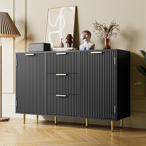 Cozy Castle 47.2" Sideboard Buffet Cabinet, Modern Accent Cabinet with 3 Drawers and 2 Doors, Kitchen Buffet Sideboard with Adjustable Shelves, Coffee Bar Cabinet for Living Room, Dining Room, Black