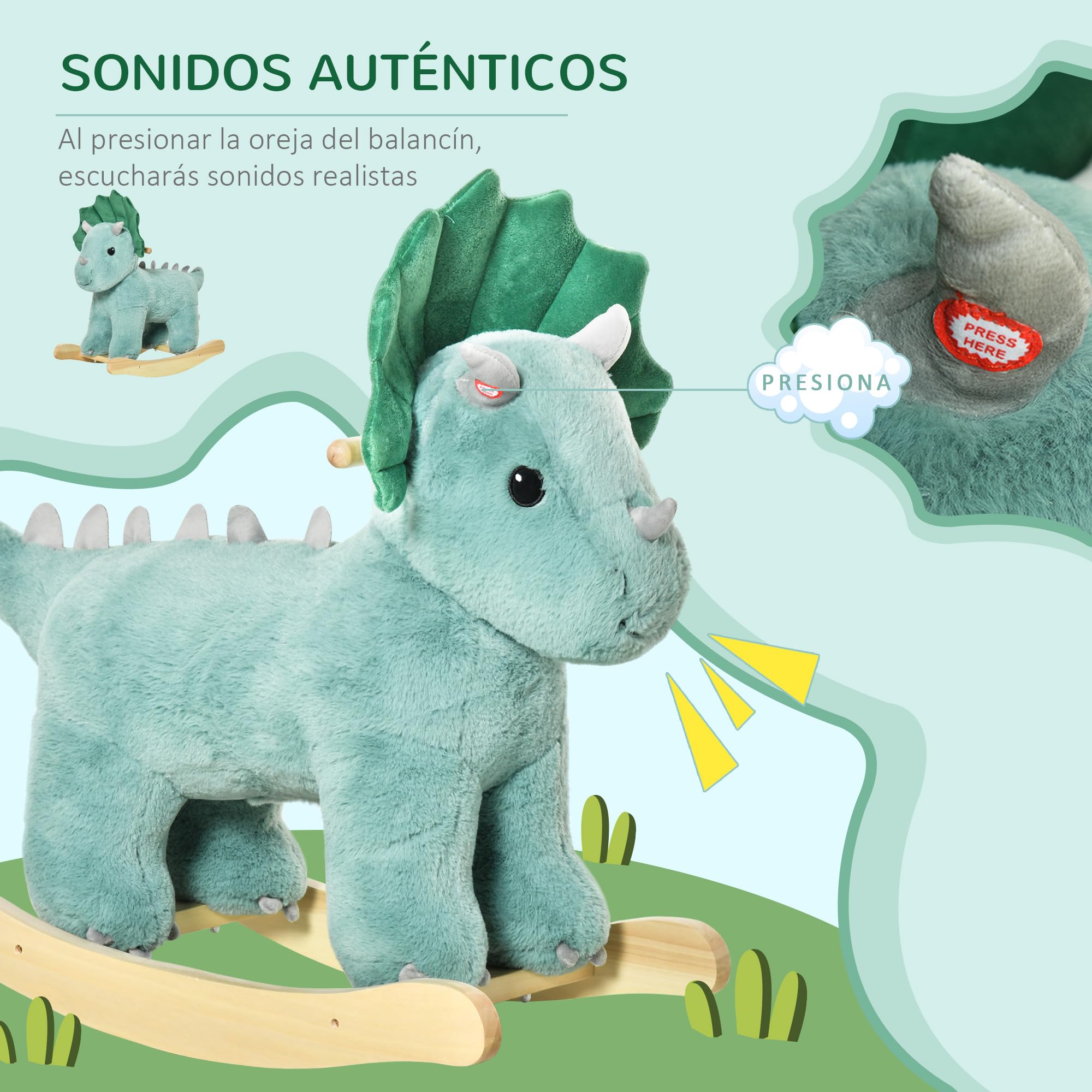 HOMCOM Caballito Balancín para Niños de +3 Años de Dinosaurio Balancín Infantil de Felpa con Sonidos Realistas y Base de Madera Asiento 36 cm Carga 45 kg 64x30x54 cm Verde Oscuro